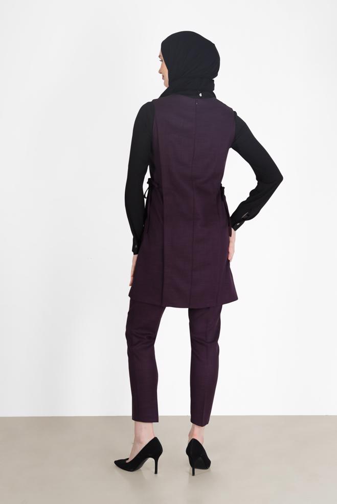 Tesettür giyim MÜRDÜM BELDEN BÜZGÜLÜ DÜĞME DETAYLI İKİLİ PANT. TAKIM 42187 - ALVİNA