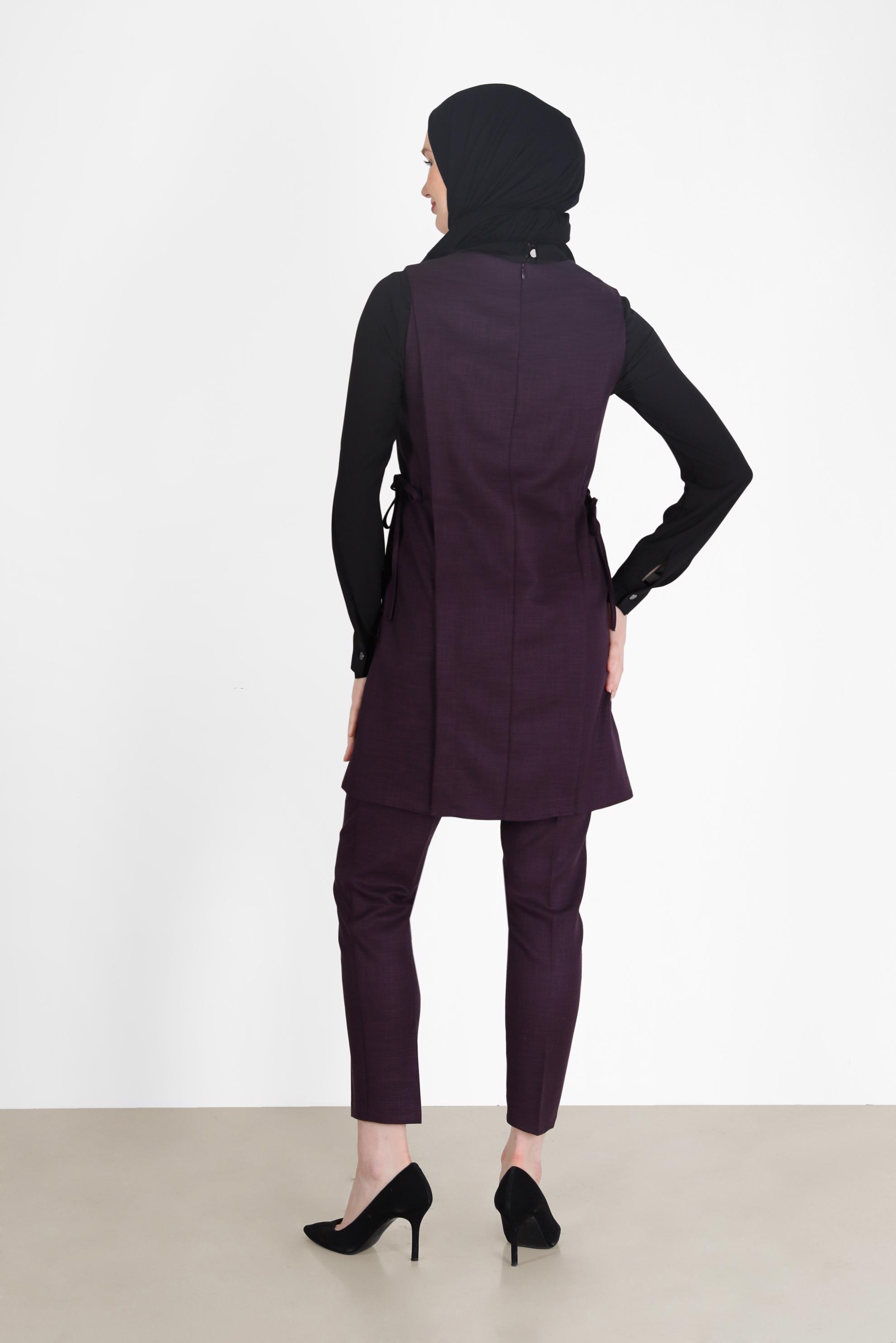 Tesettür giyim MÜRDÜM BELDEN BÜZGÜLÜ DÜĞME DETAYLI İKİLİ PANT. TAKIM 42187