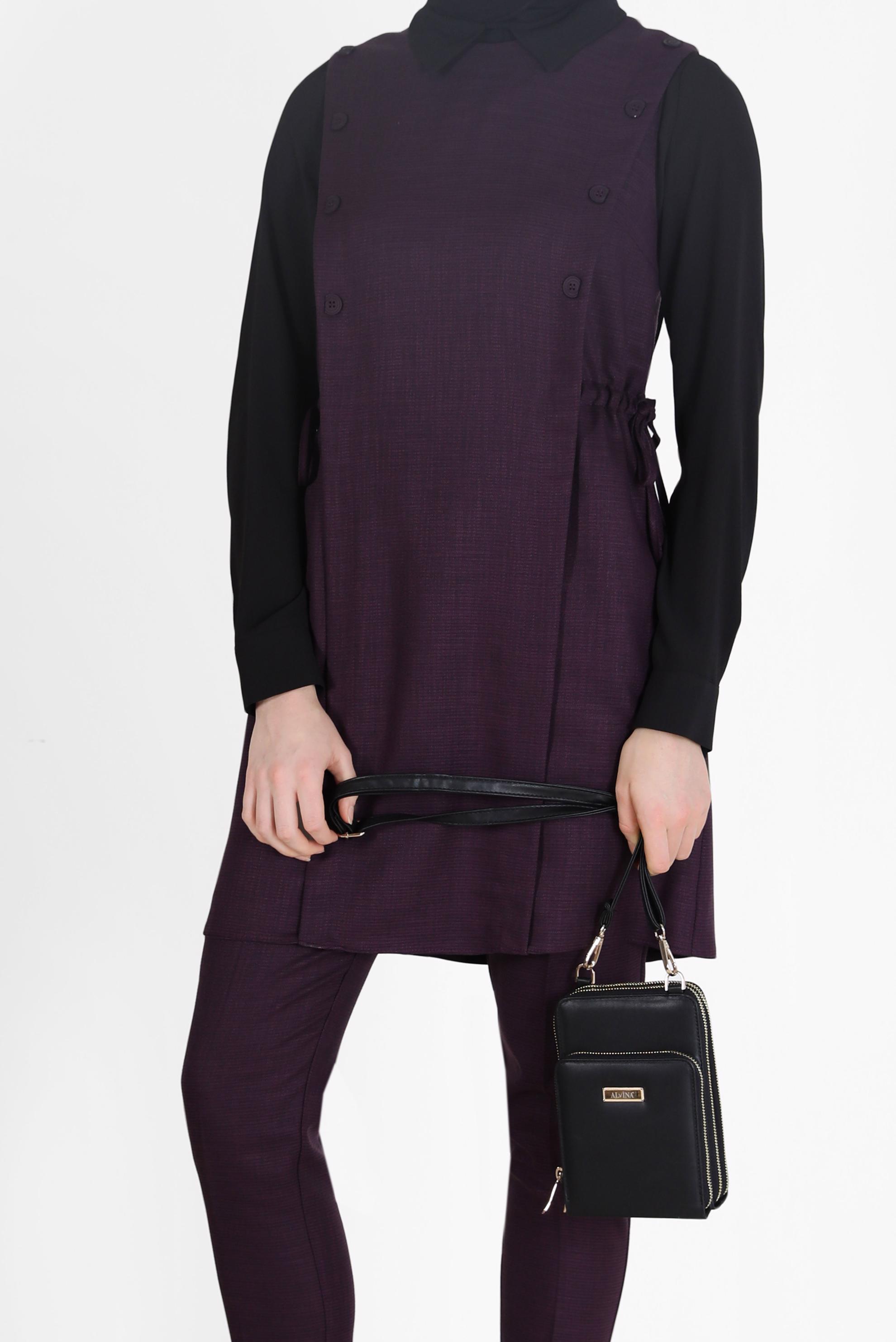 Tesettür giyim MÜRDÜM BELDEN BÜZGÜLÜ DÜĞME DETAYLI İKİLİ PANT. TAKIM 42187