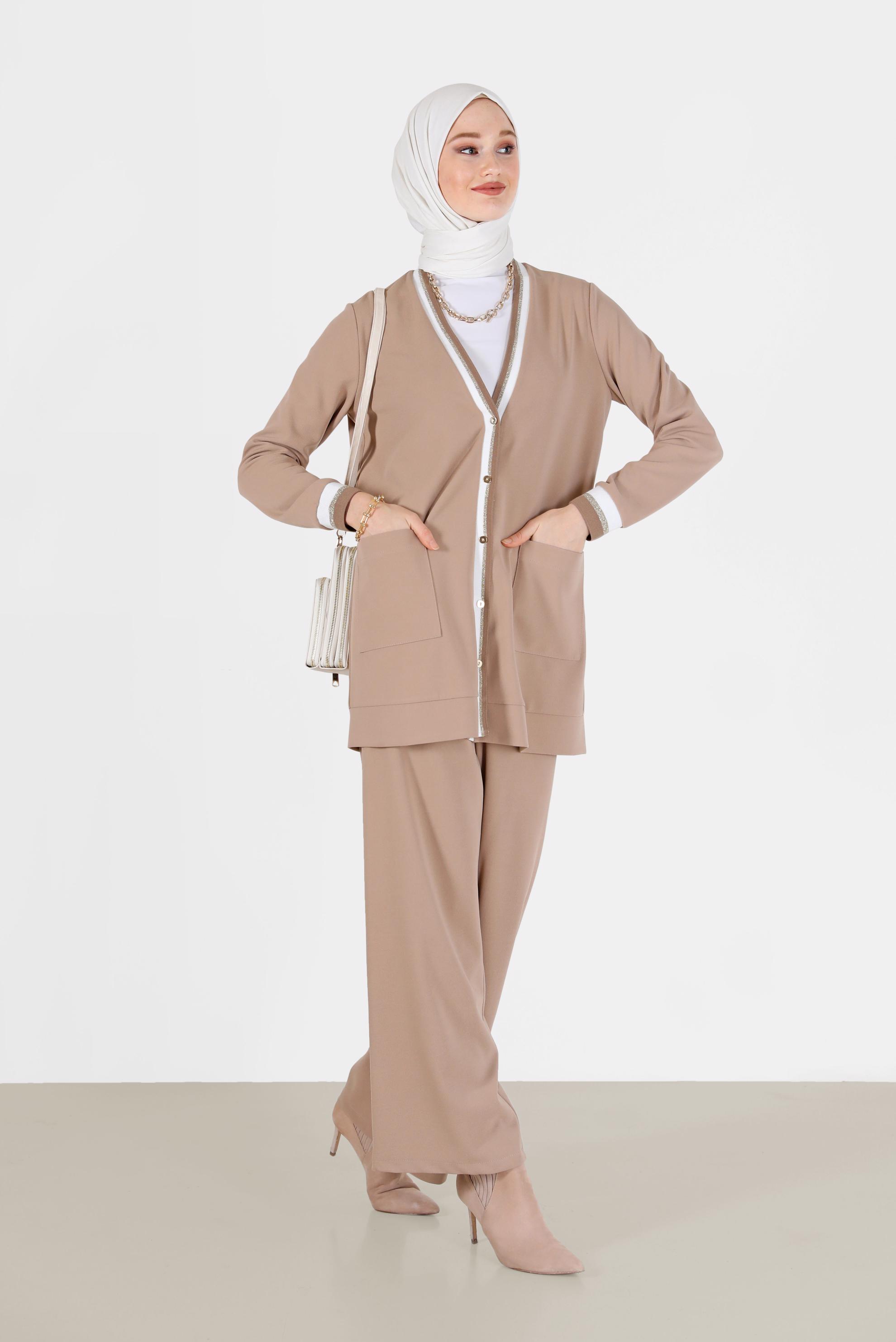 Hijab clothing MINK POCKET DETAIL BUTTONED KNITWEAR SUIT WITH PANTS 42188 