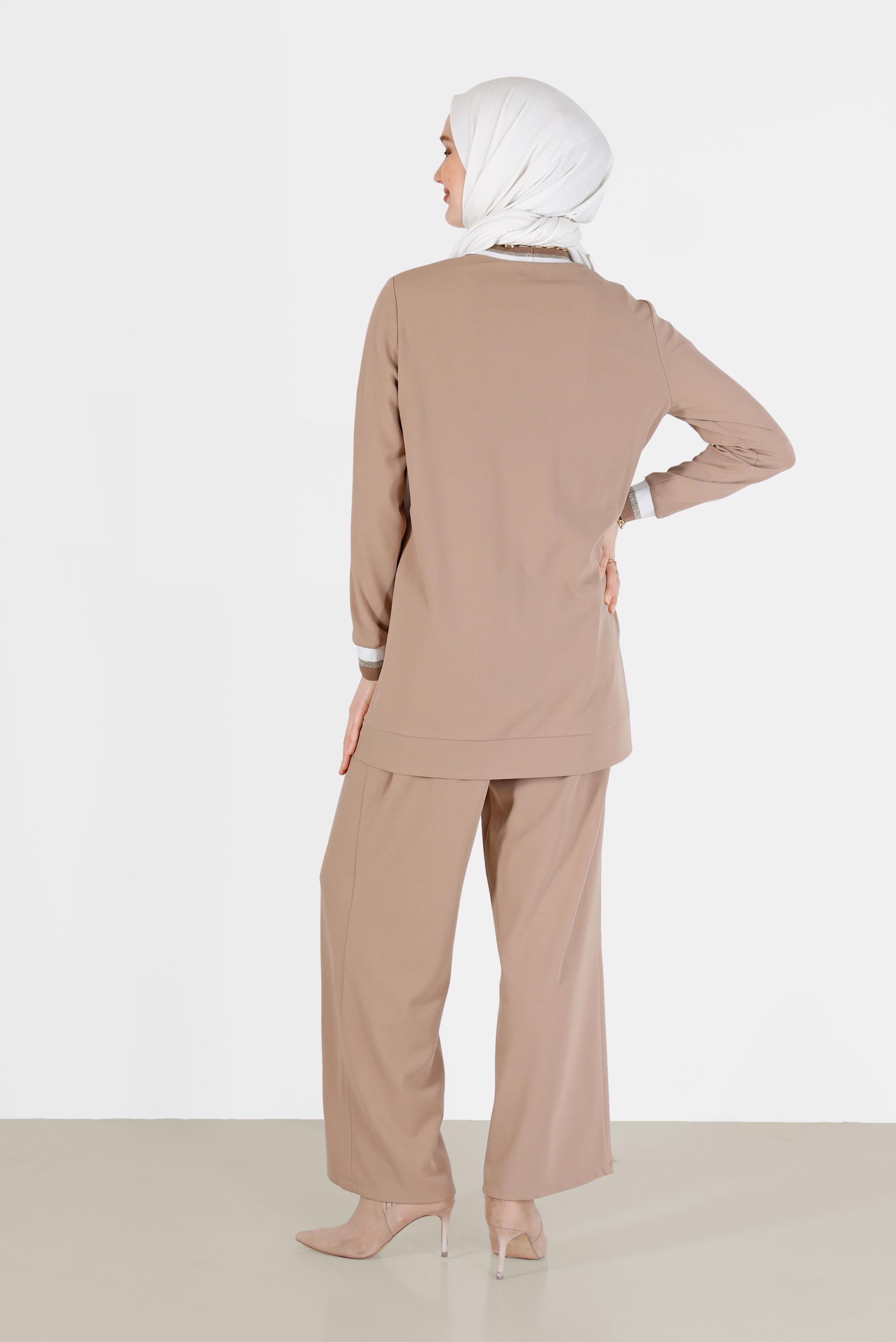 Hijab clothing MINK POCKET DETAIL BUTTONED KNITWEAR SUIT WITH PANTS 42188 