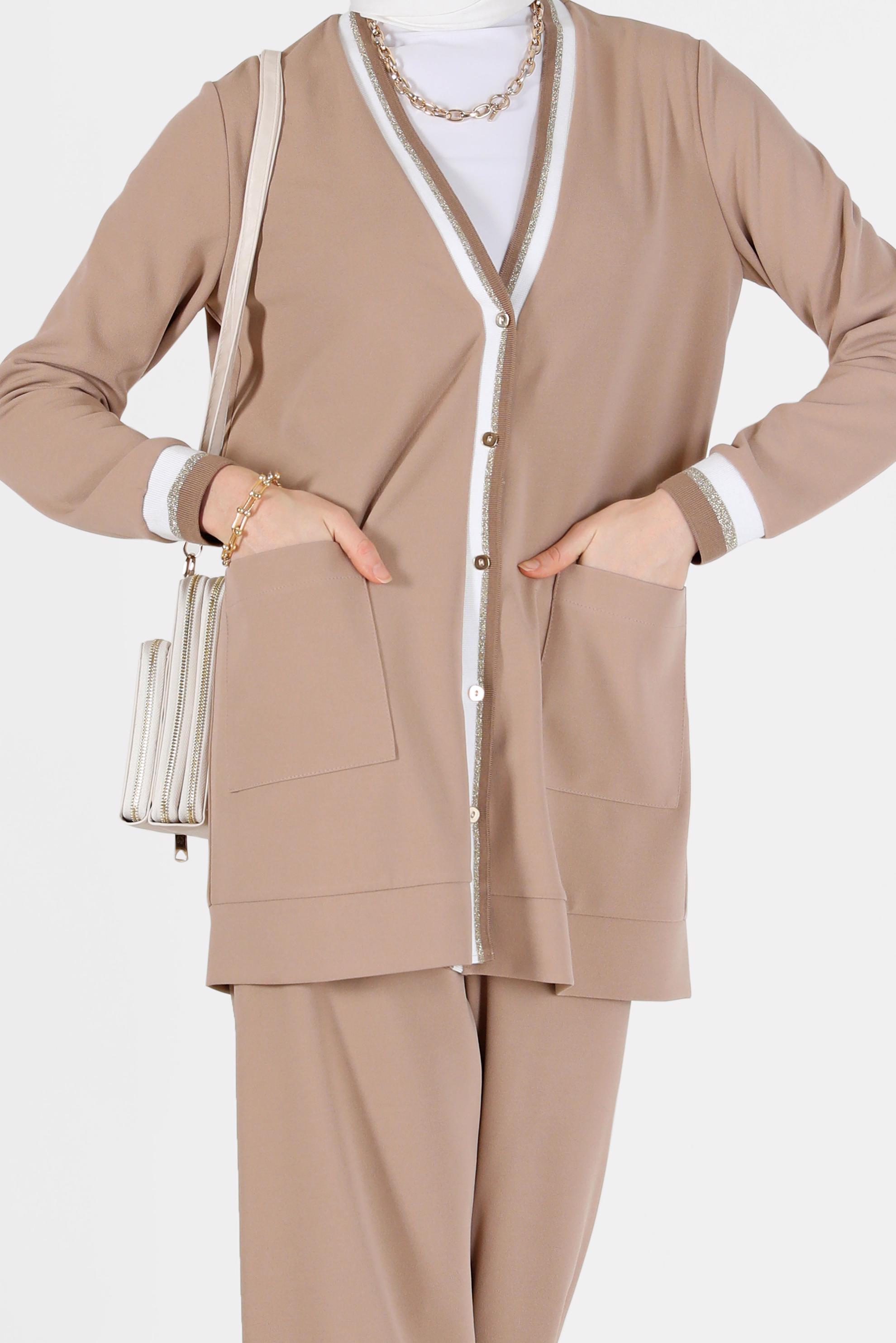 Hijab clothing MINK POCKET DETAIL BUTTONED KNITWEAR SUIT WITH PANTS 42188 