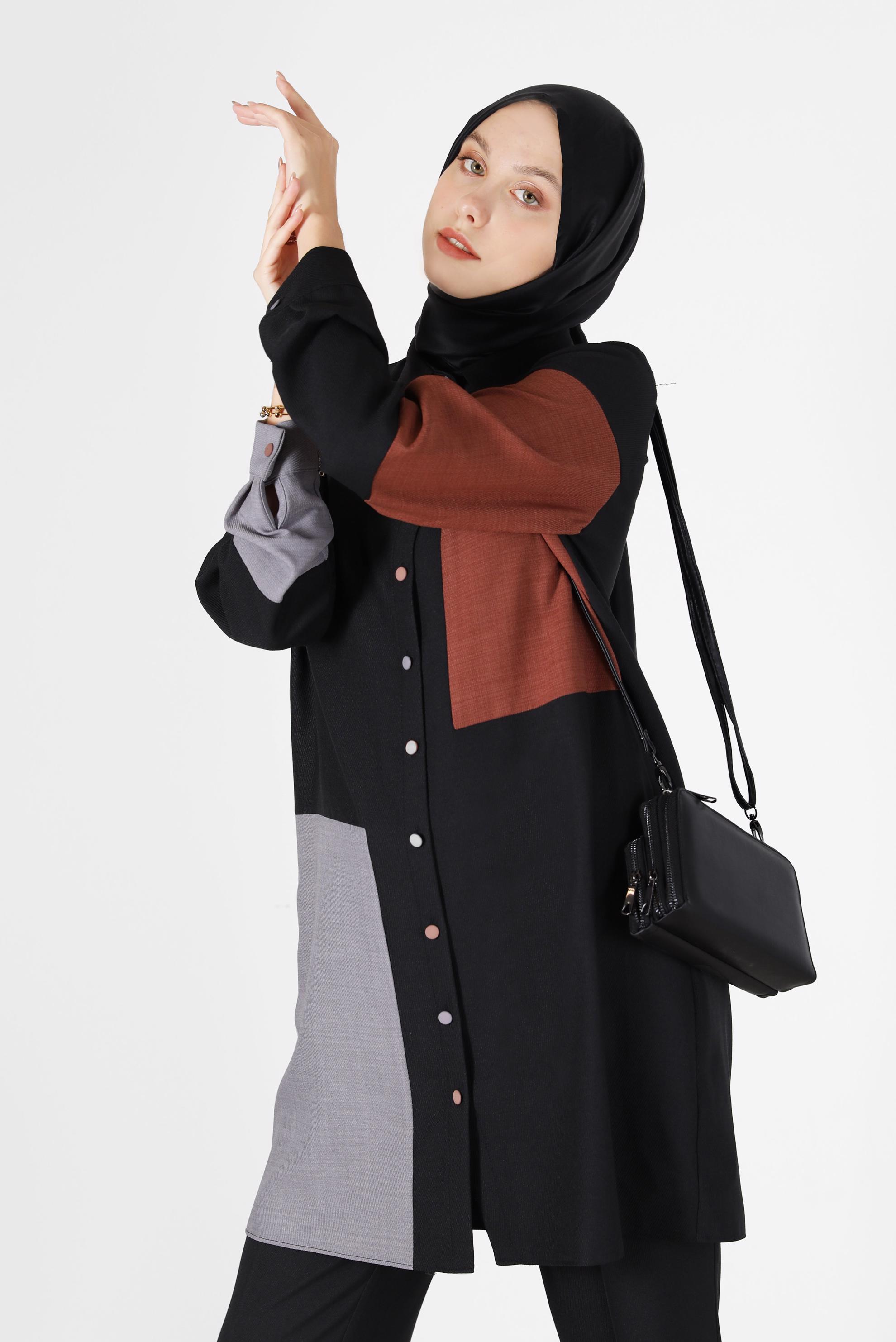 Tesettür giyim SİYAH ÜÇ RENKLİ DÜĞMELİ PANT. TAKIM 42189 