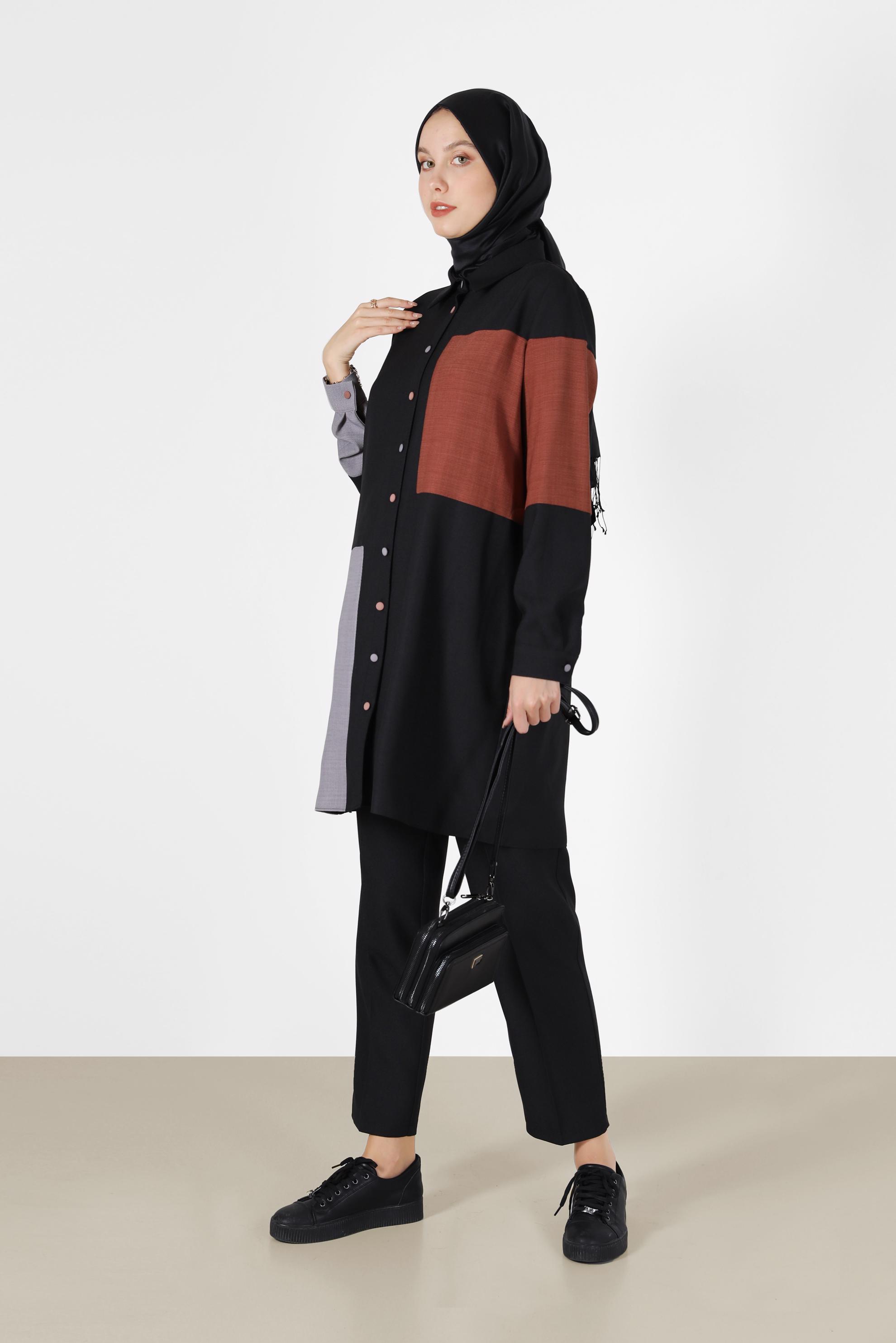 Tesettür giyim SİYAH ÜÇ RENKLİ DÜĞMELİ PANT. TAKIM 42189 