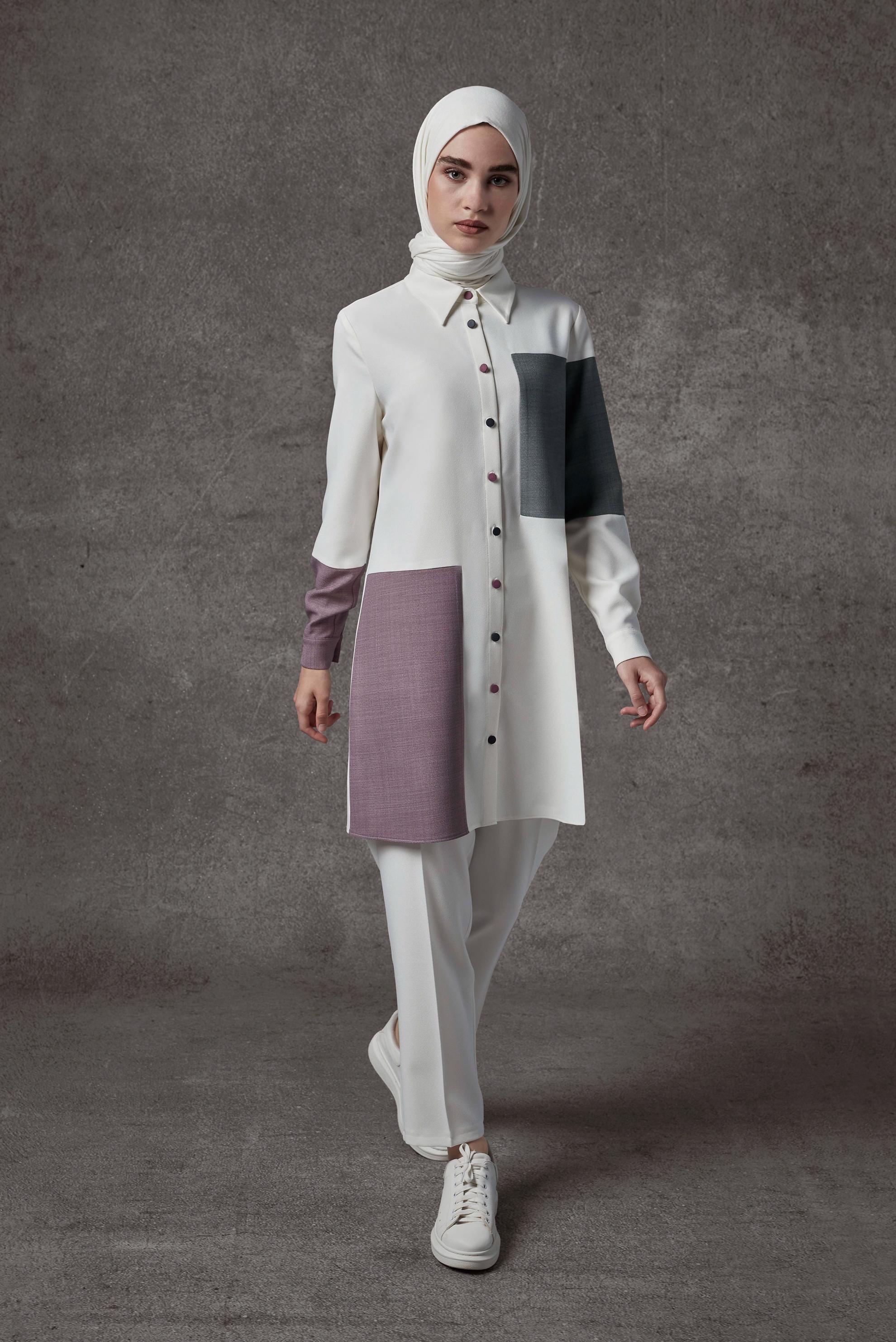 Tesettür giyim BEYAZ ÜÇ RENKLİ DÜĞMELİ PANT. TAKIM 42189 