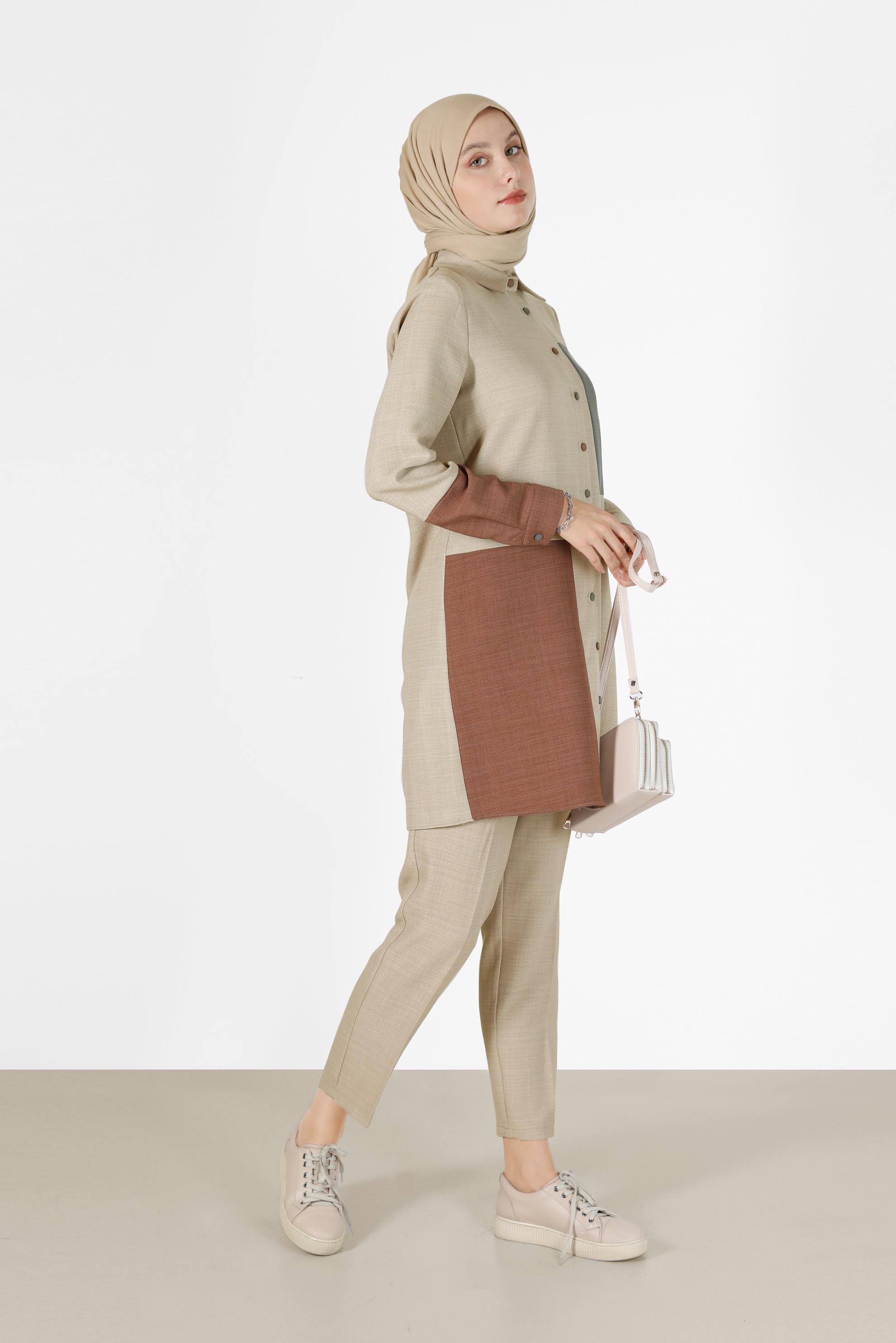 Tesettür giyim BEJ ÜÇ RENKLİ DÜĞMELİ PANT. TAKIM 42189 