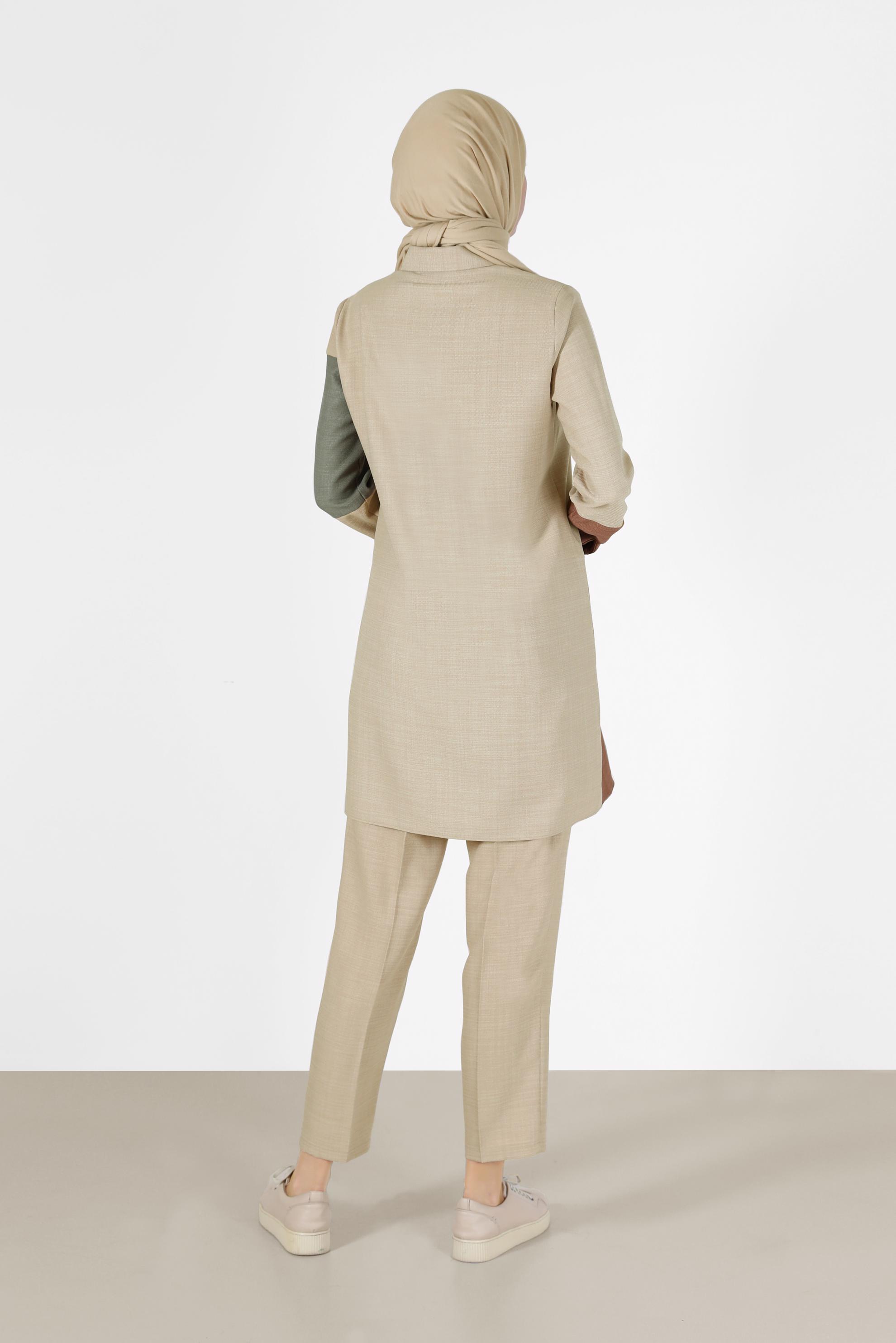 Tesettür giyim BEJ ÜÇ RENKLİ DÜĞMELİ PANT. TAKIM 42189 