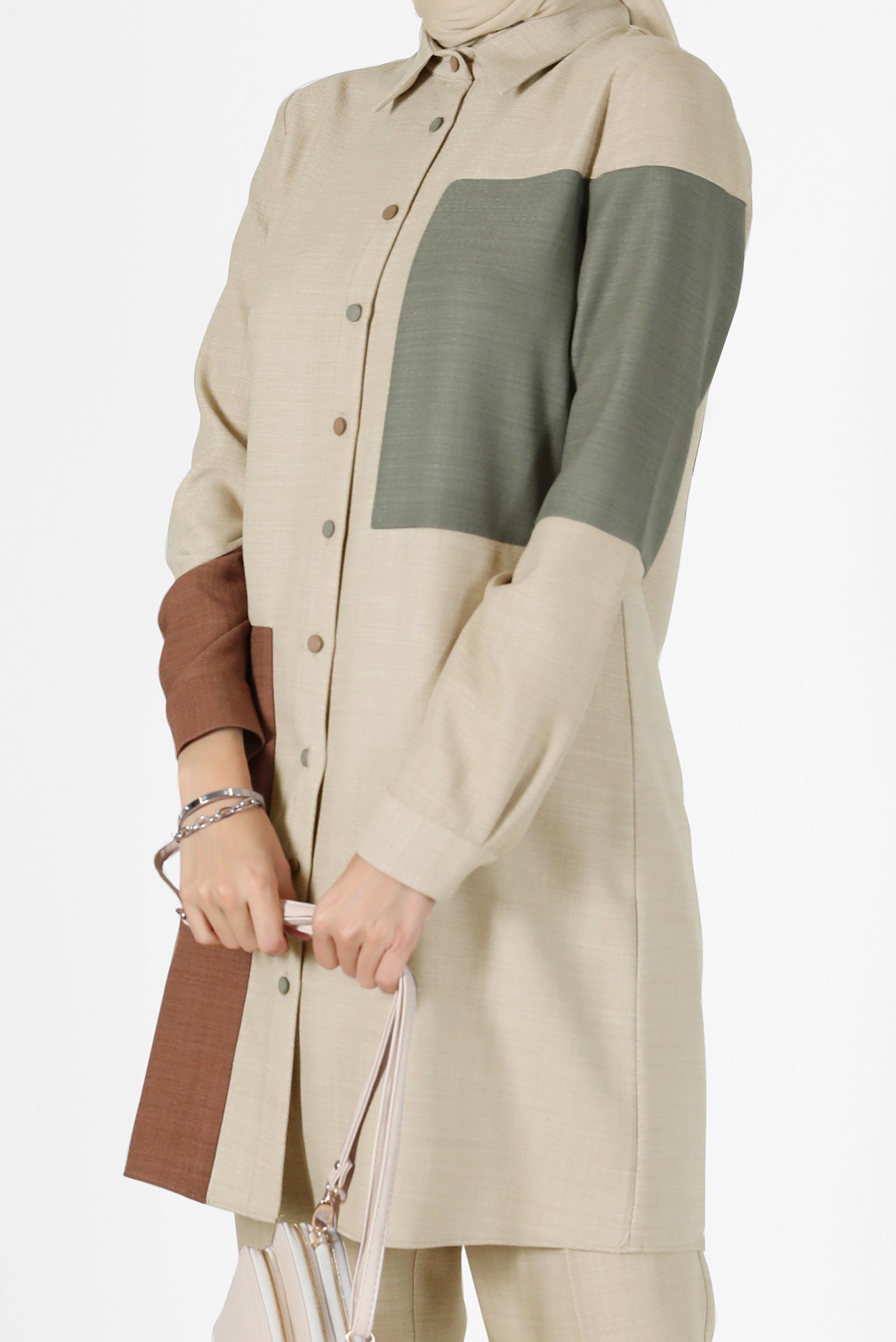 Tesettür giyim BEJ ÜÇ RENKLİ DÜĞMELİ PANT. TAKIM 42189 