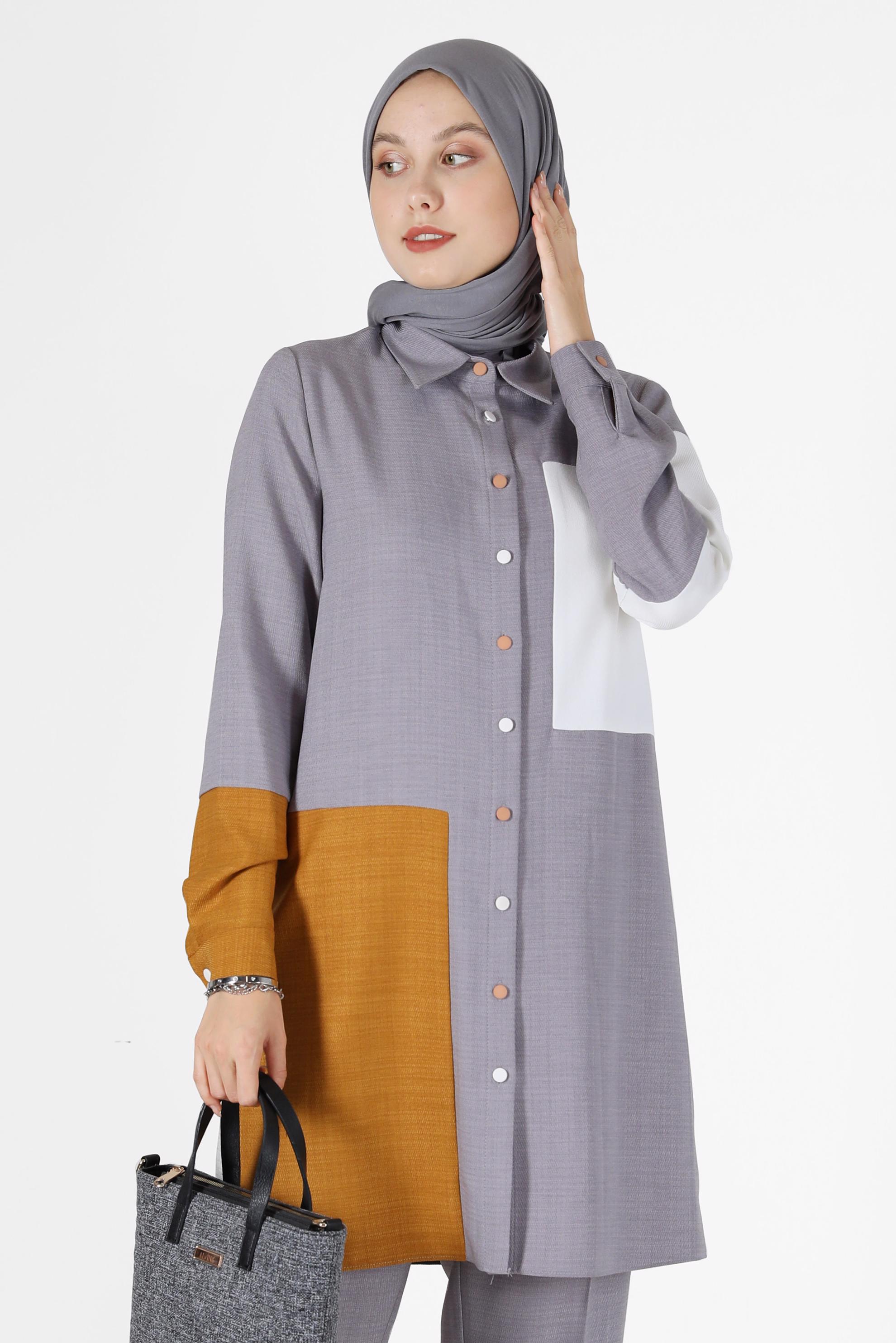 Tesettür giyim GRİ ÜÇ RENKLİ DÜĞMELİ PANT. TAKIM 42189 