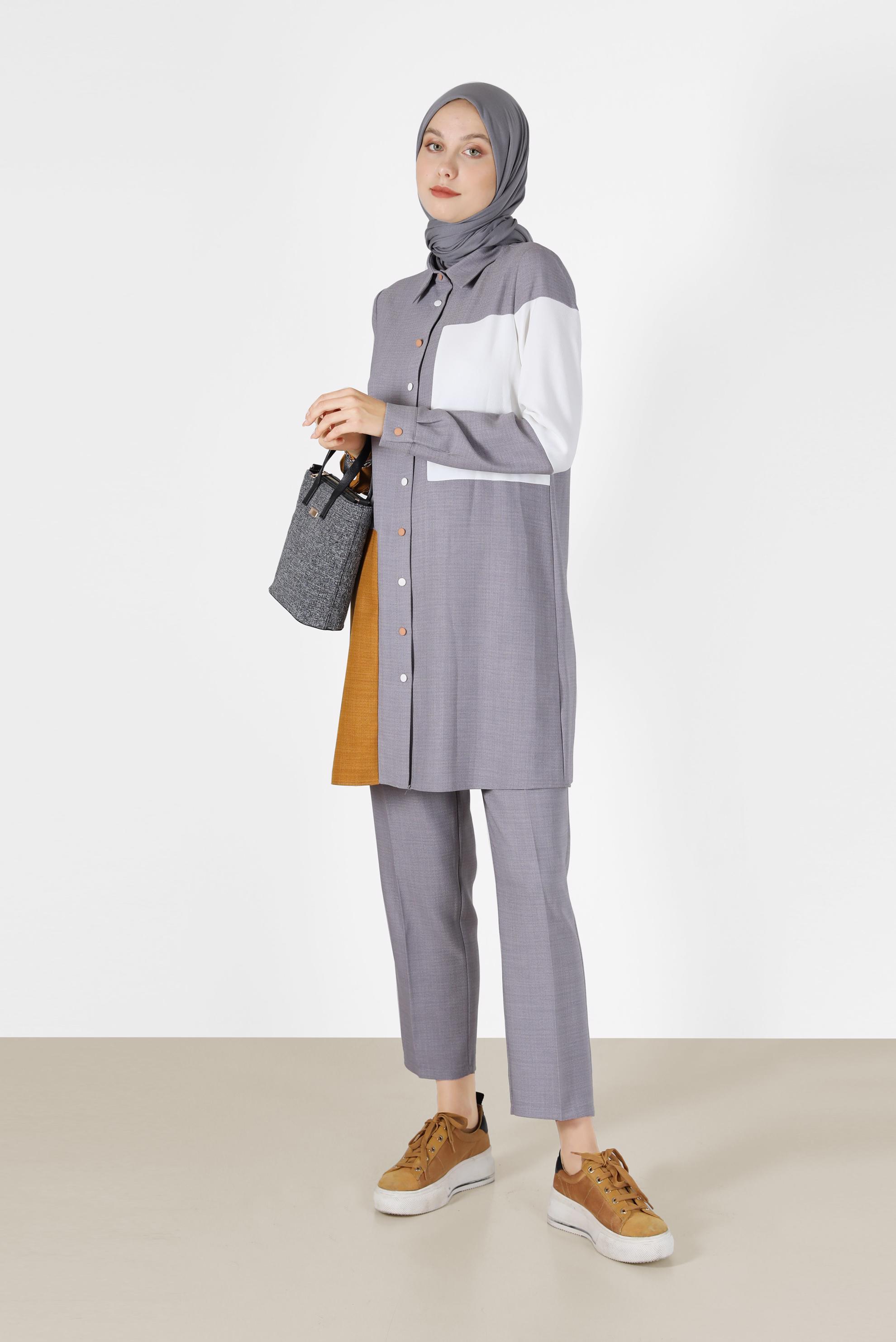 Tesettür giyim GRİ ÜÇ RENKLİ DÜĞMELİ PANT. TAKIM 42189 