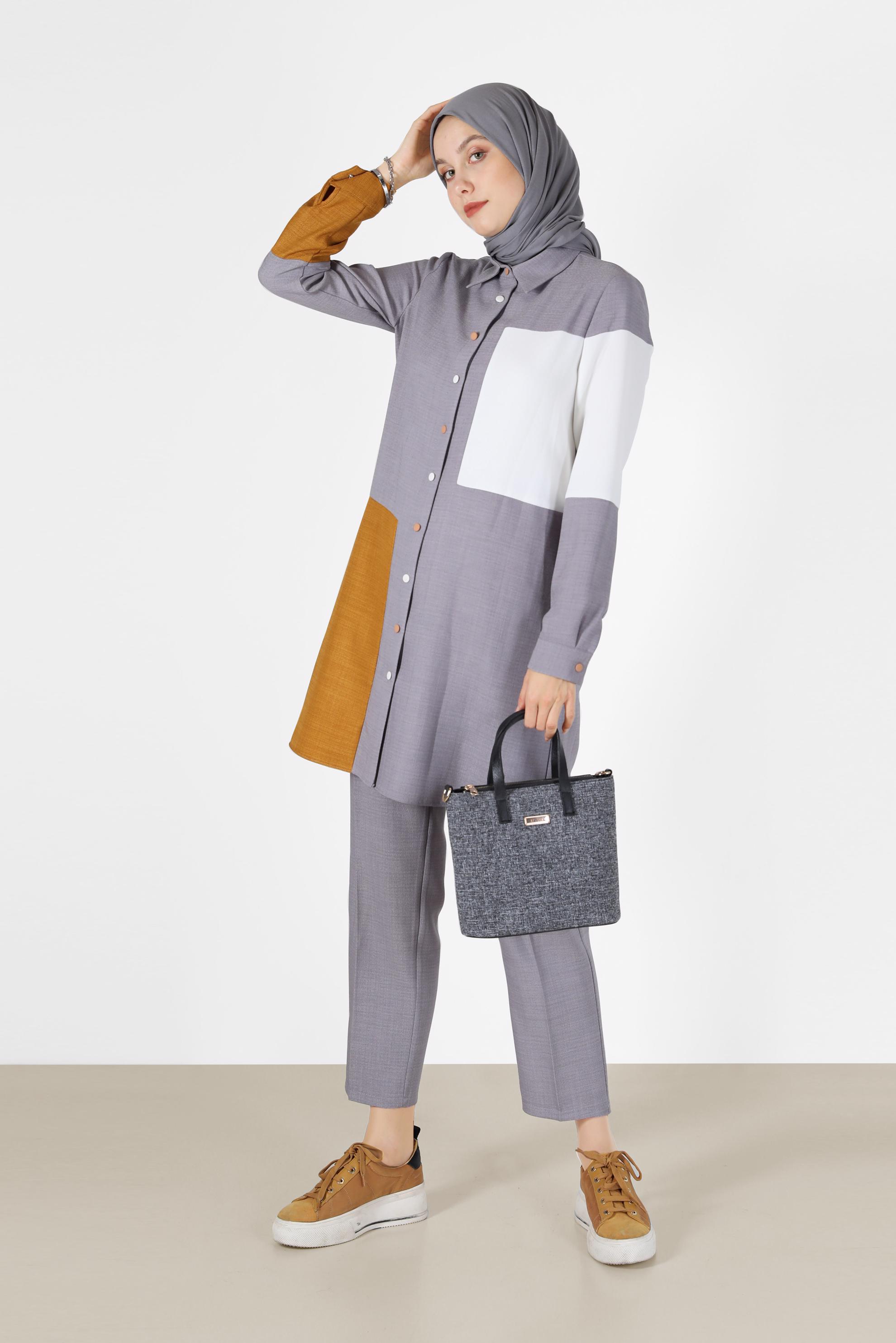 Tesettür giyim GRİ ÜÇ RENKLİ DÜĞMELİ PANT. TAKIM 42189 