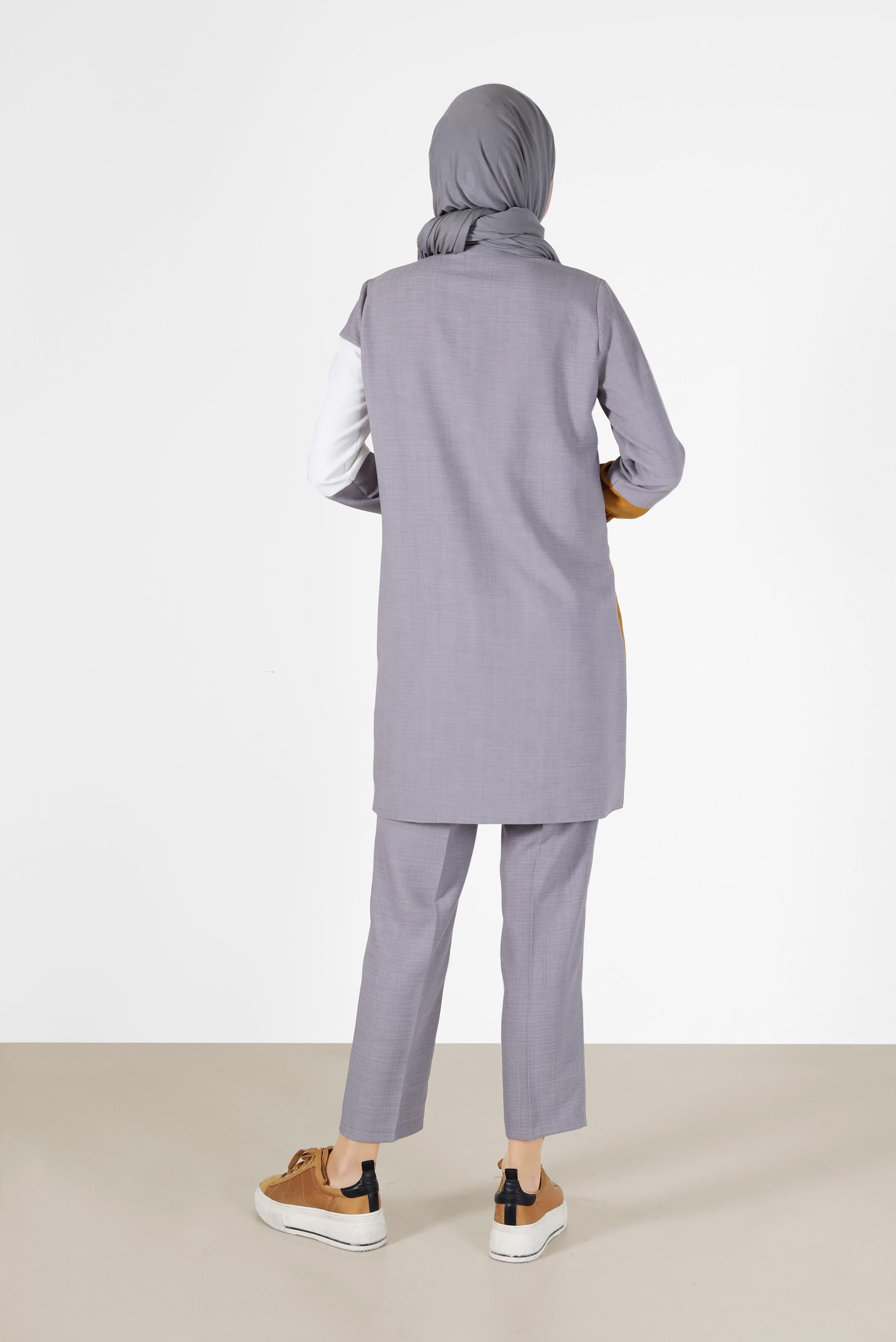 Tesettür giyim GRİ ÜÇ RENKLİ DÜĞMELİ PANT. TAKIM 42189 