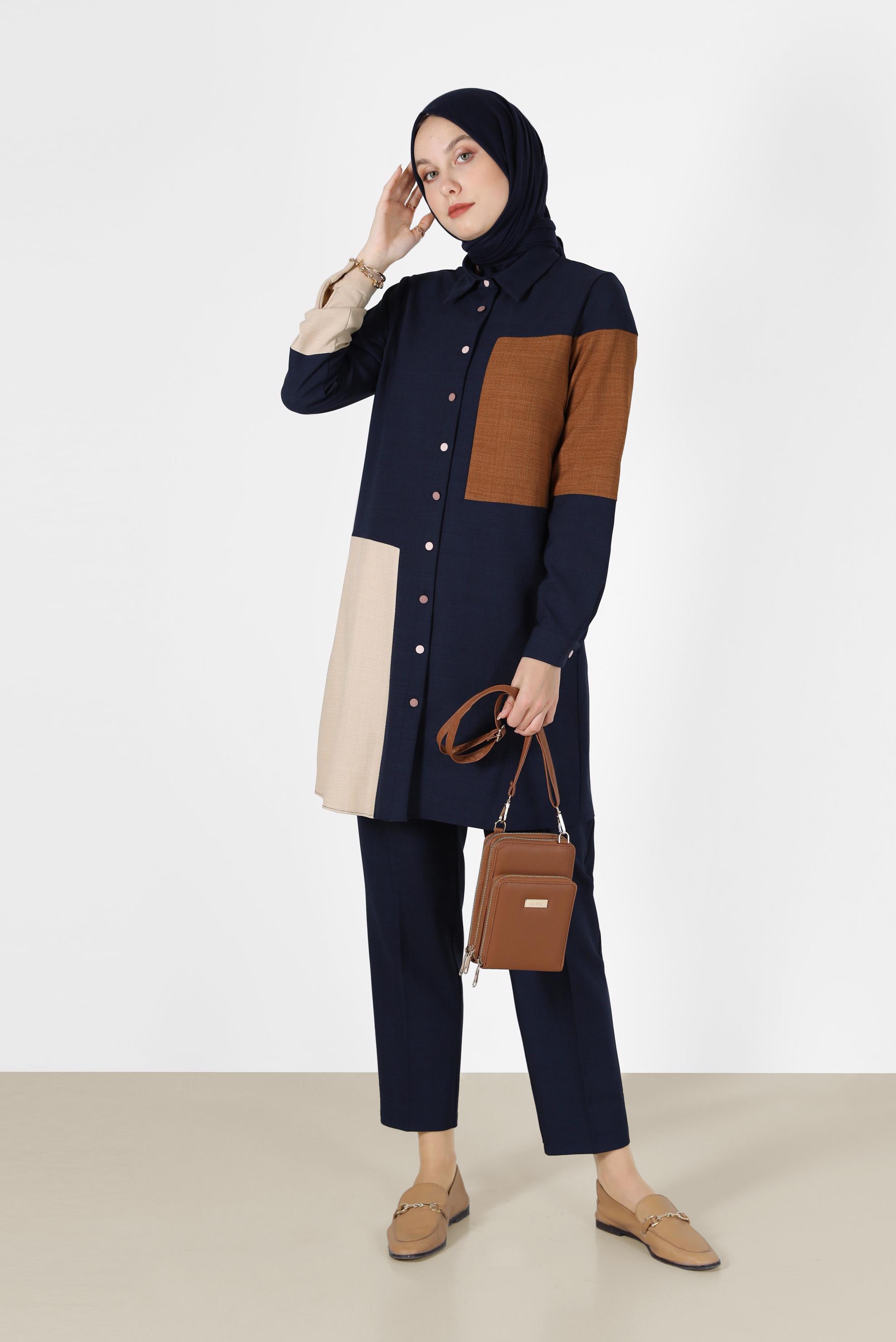 Tesettür giyim LACİVERT ÜÇ RENKLİ DÜĞMELİ PANT. TAKIM 42189 