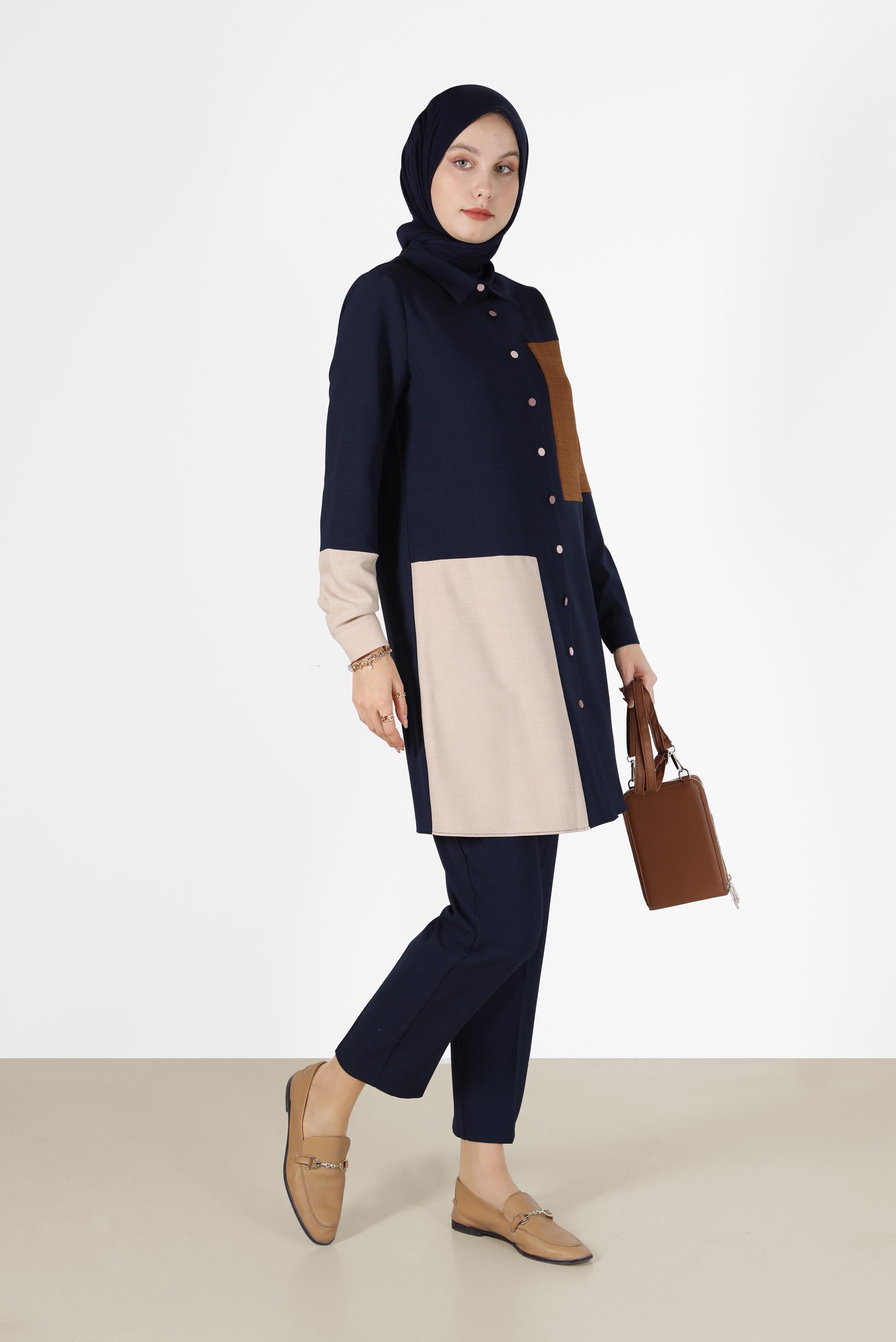 Tesettür giyim LACİVERT ÜÇ RENKLİ DÜĞMELİ PANT. TAKIM 42189 