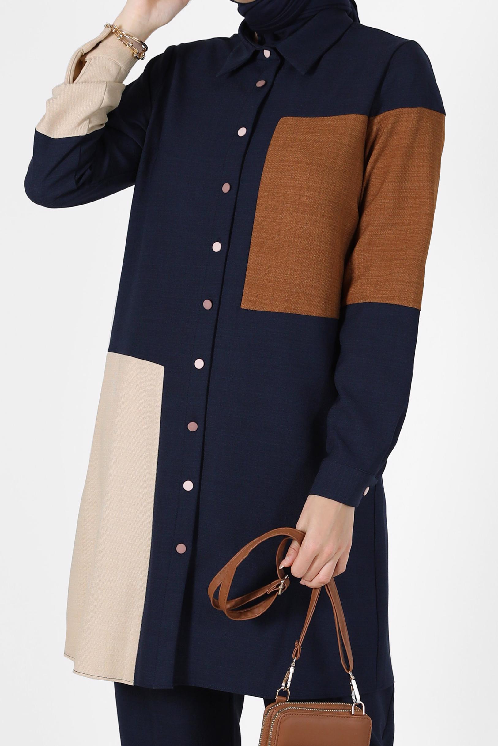 Tesettür giyim LACİVERT ÜÇ RENKLİ DÜĞMELİ PANT. TAKIM 42189 