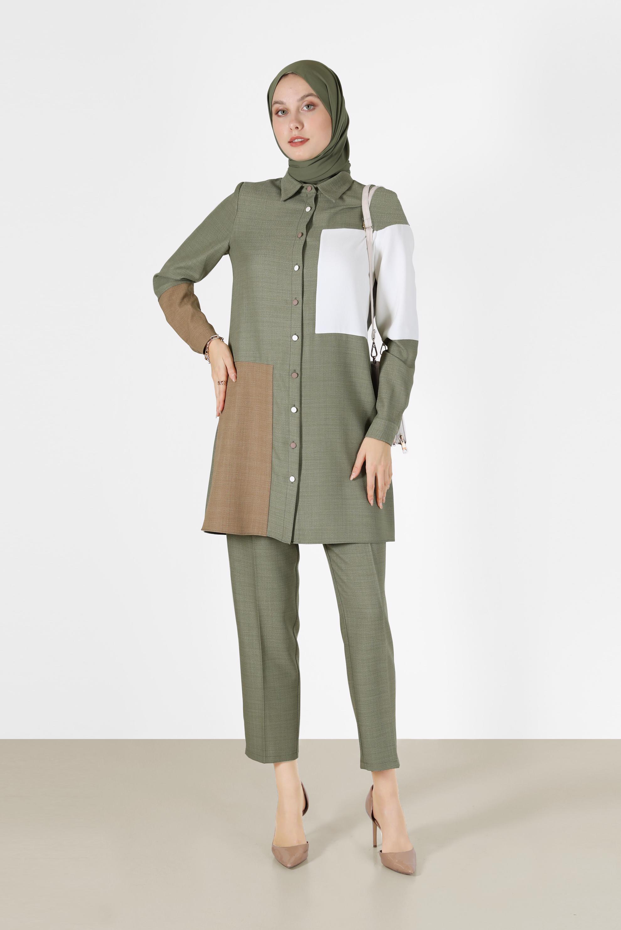 Tesettür giyim YEŞİL ÜÇ RENKLİ DÜĞMELİ PANT. TAKIM 42189 