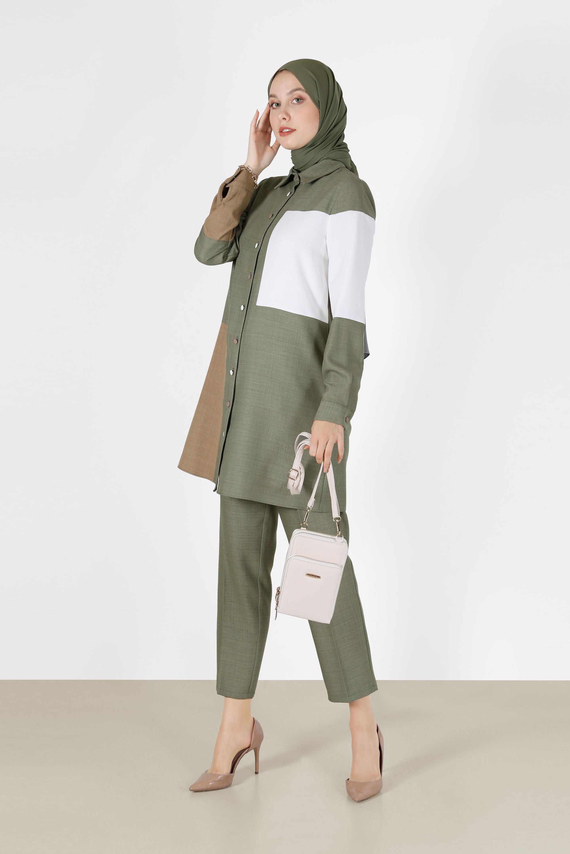 Tesettür giyim YEŞİL ÜÇ RENKLİ DÜĞMELİ PANT. TAKIM 42189 