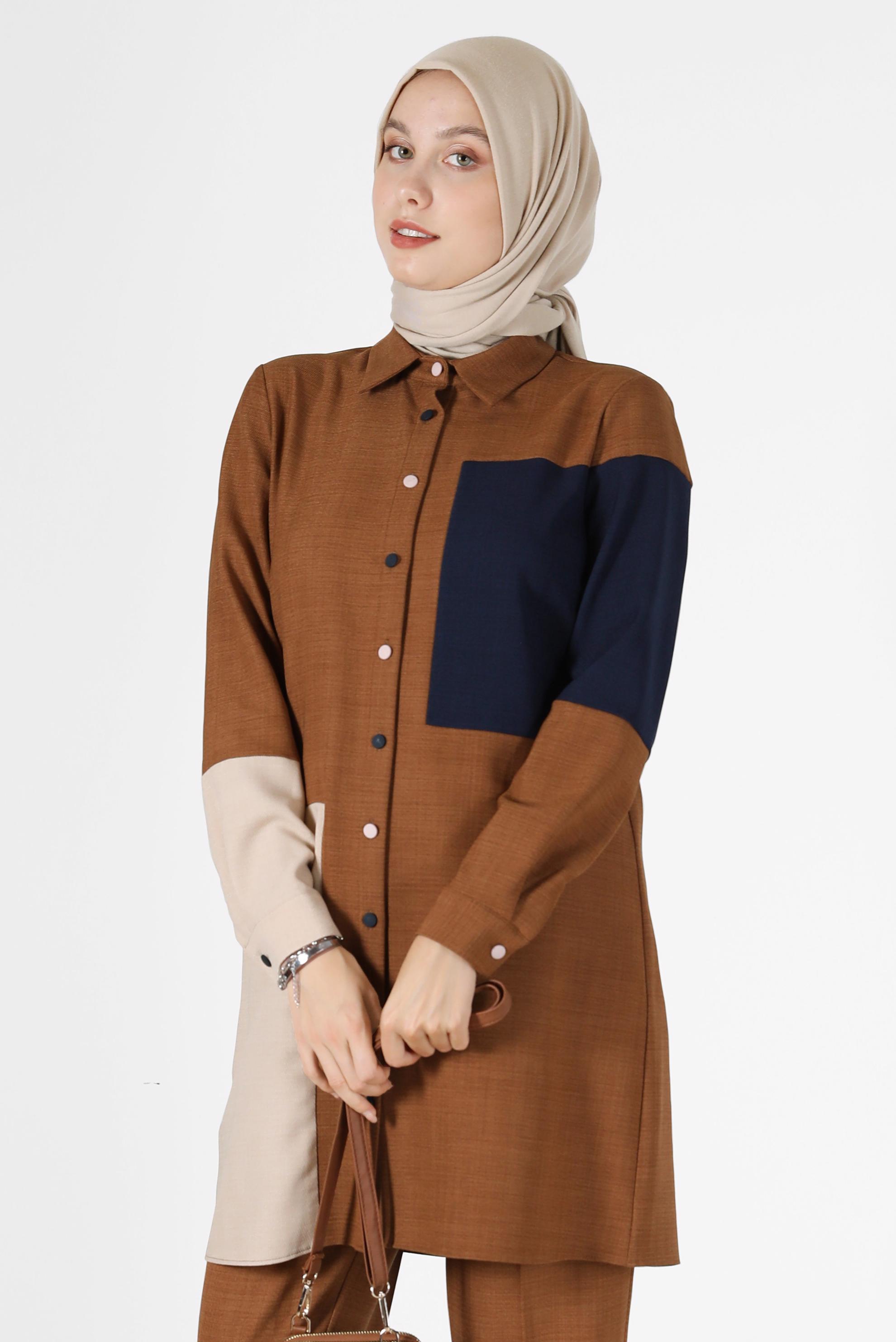 Tesettür giyim KAHVE ÜÇ RENKLİ DÜĞMELİ PANT. TAKIM 42189 