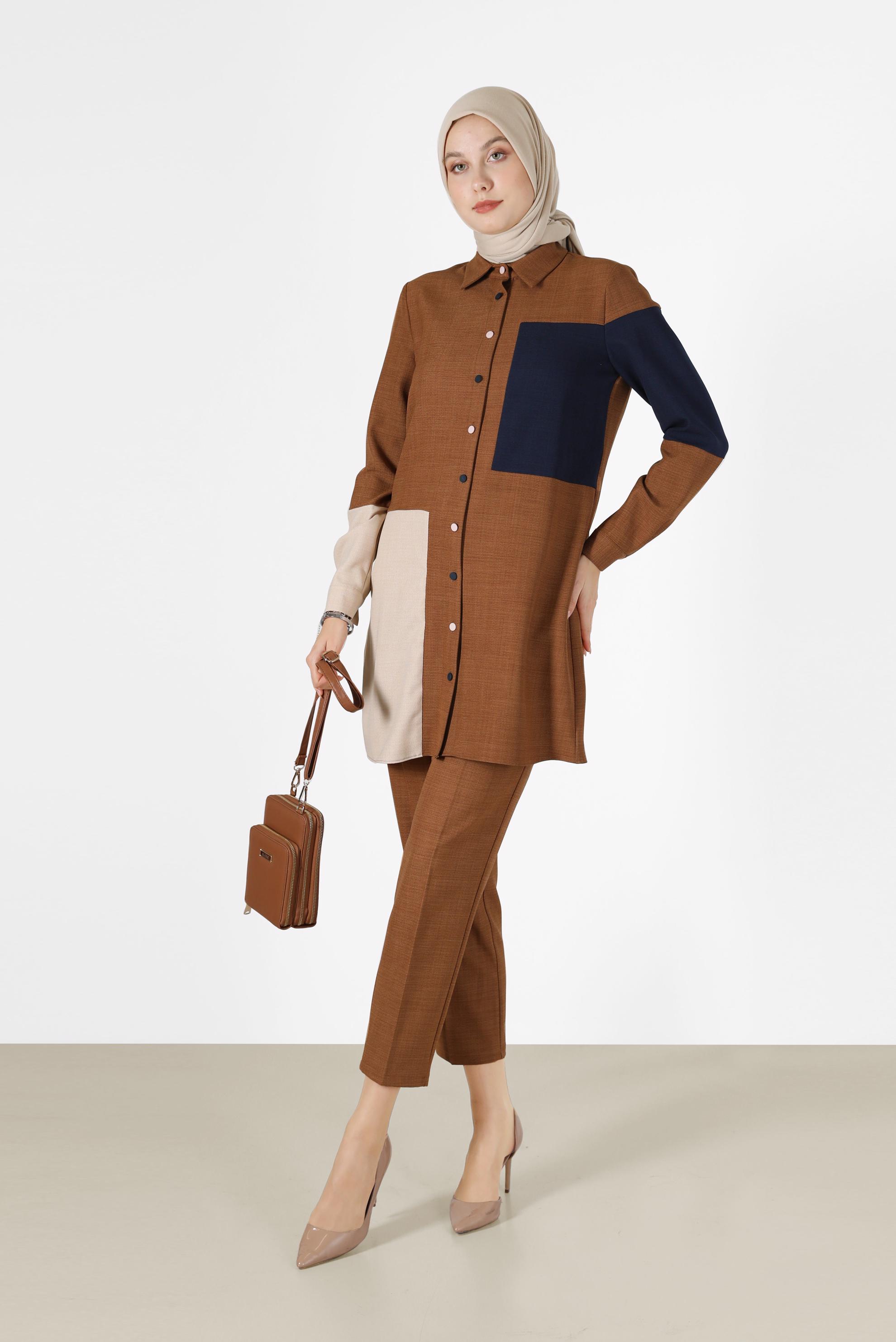 Tesettür giyim KAHVE ÜÇ RENKLİ DÜĞMELİ PANT. TAKIM 42189 