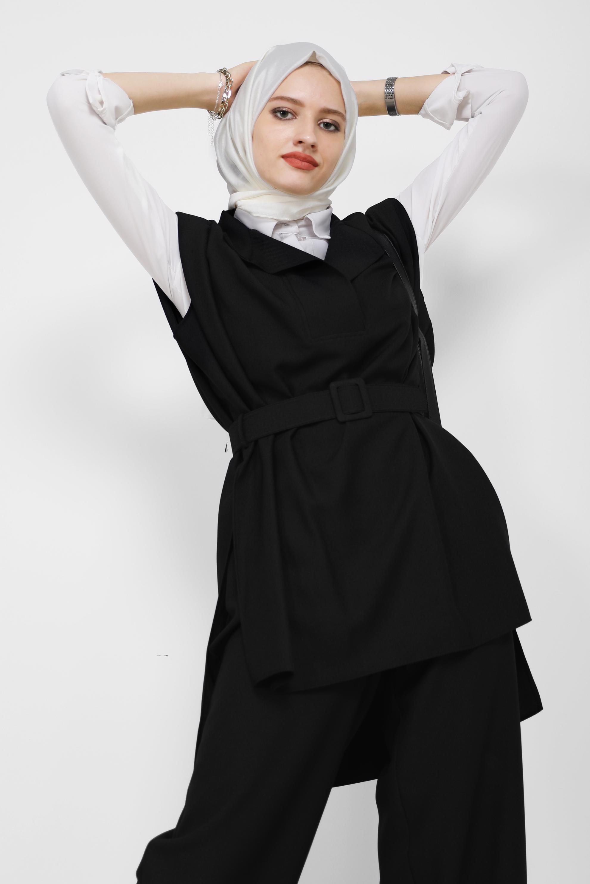 Hijab clothing BLACK BELT DETAIL 2-PIECE SUIT WITH PANTS 42195 