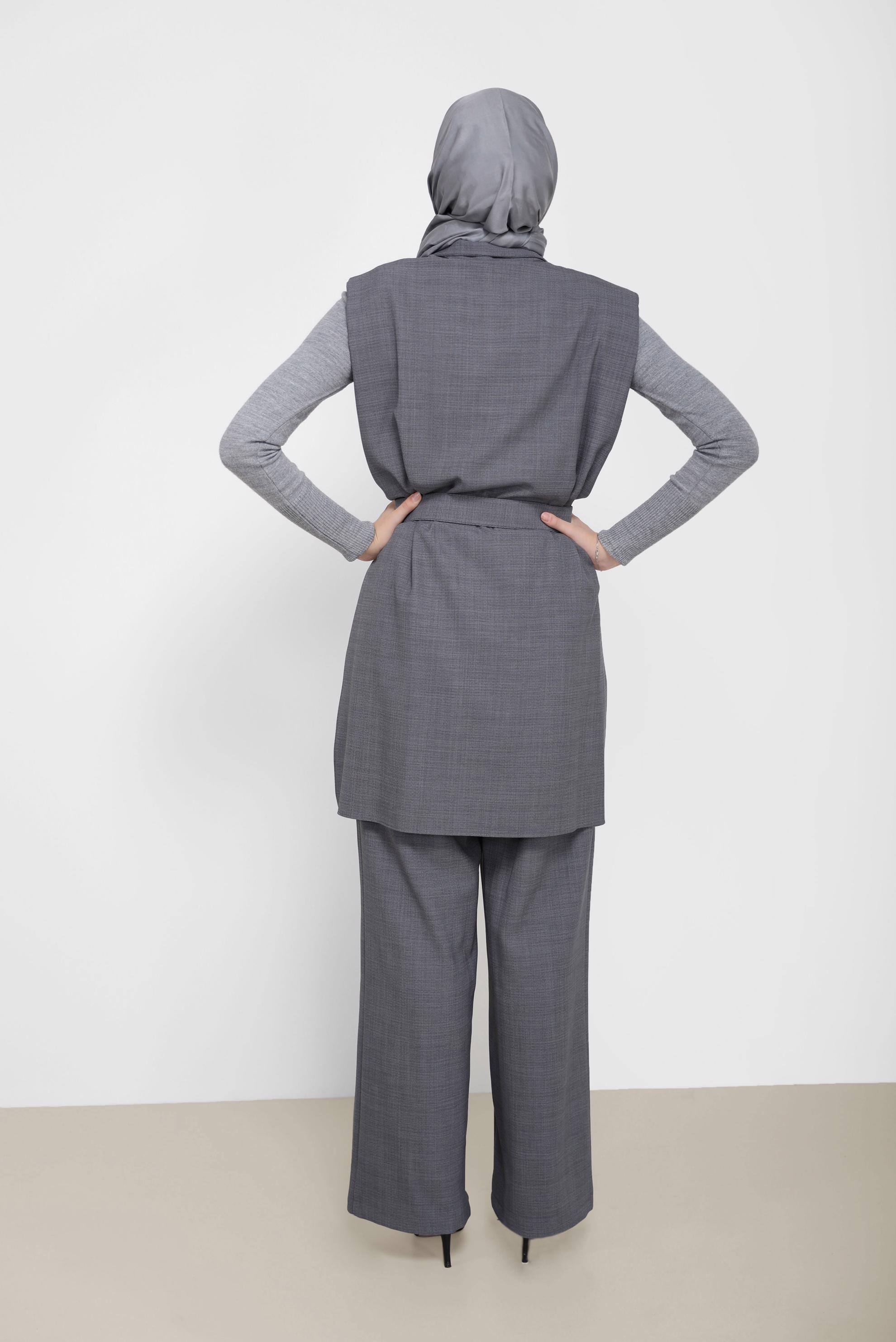 Tesettür giyim GRİ KEMER DETAYLI İKİLİ PANT. TAKIM 42195 