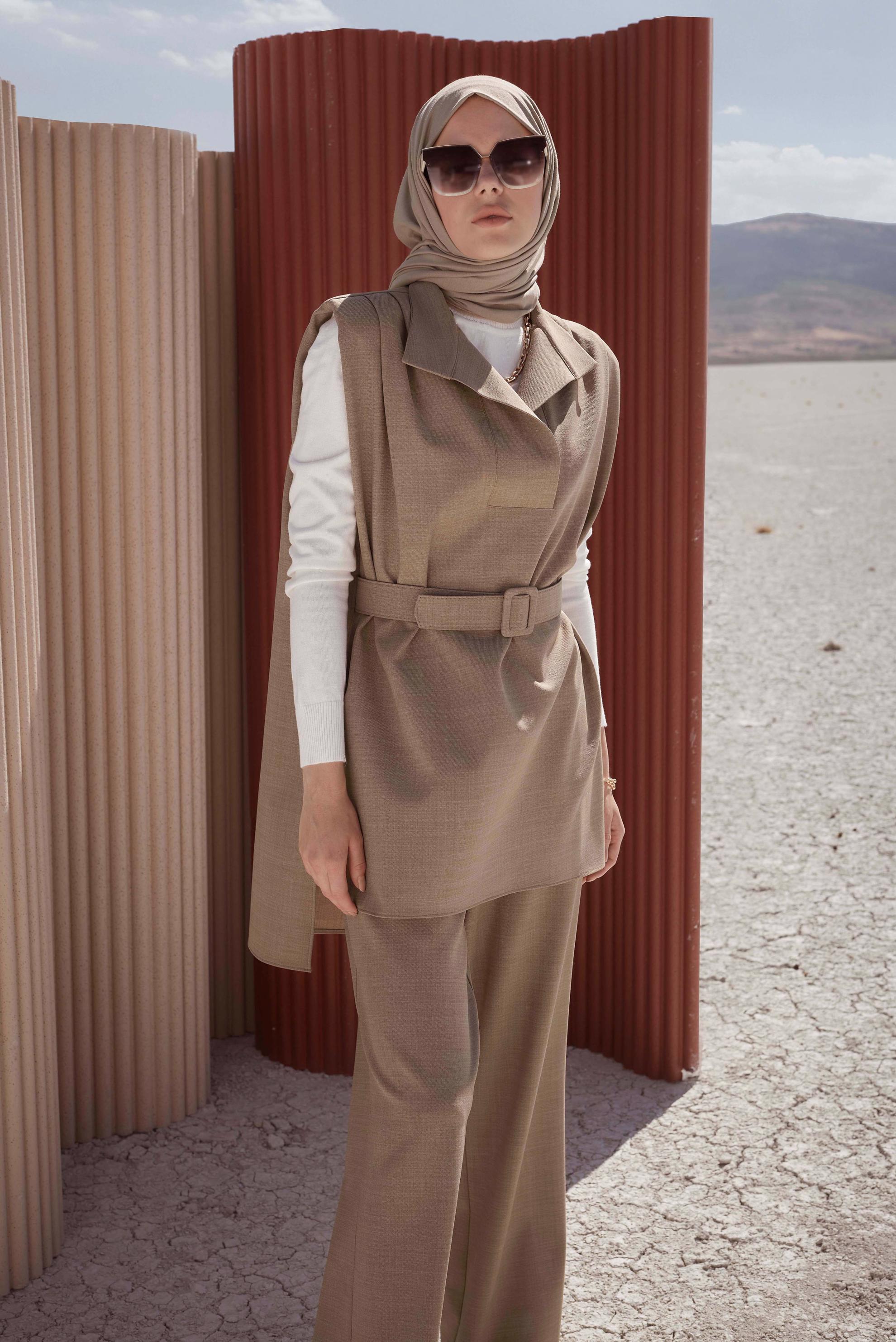 Tesettür giyim KAHVE KEMER DETAYLI İKİLİ PANT. TAKIM 42195 