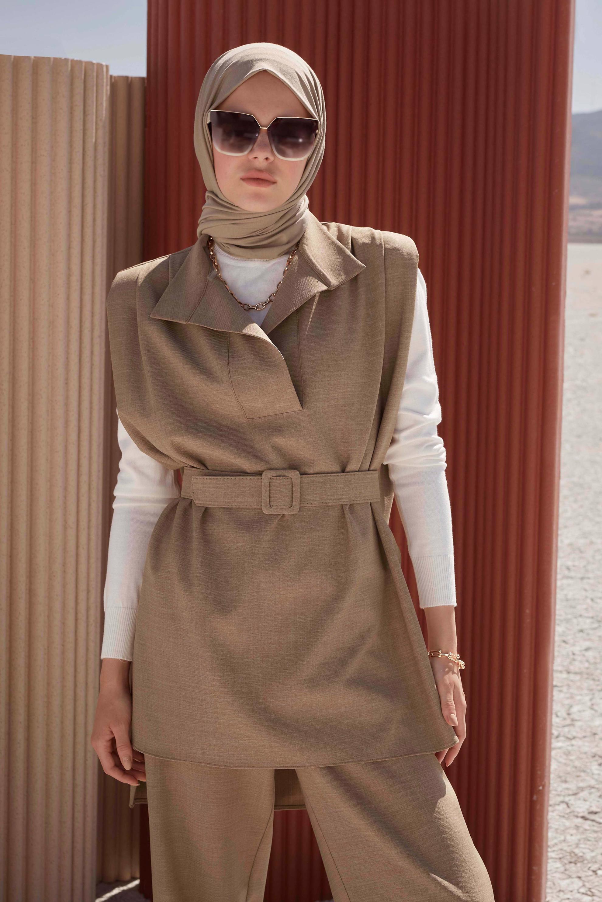 Tesettür giyim KAHVE KEMER DETAYLI İKİLİ PANT. TAKIM 42195 