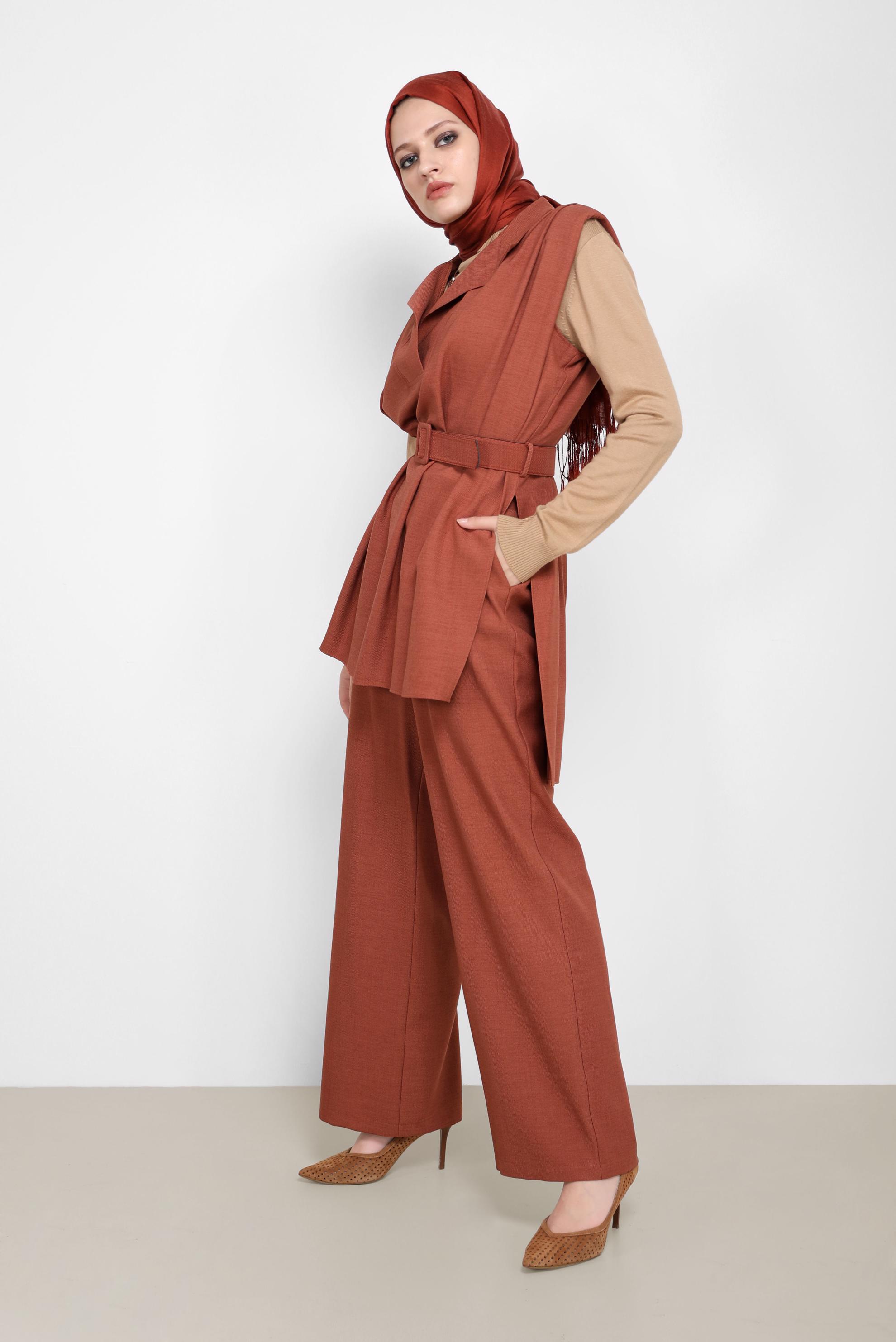 Tesettür giyim KAHVE KEMER DETAYLI İKİLİ PANT. TAKIM 42195 