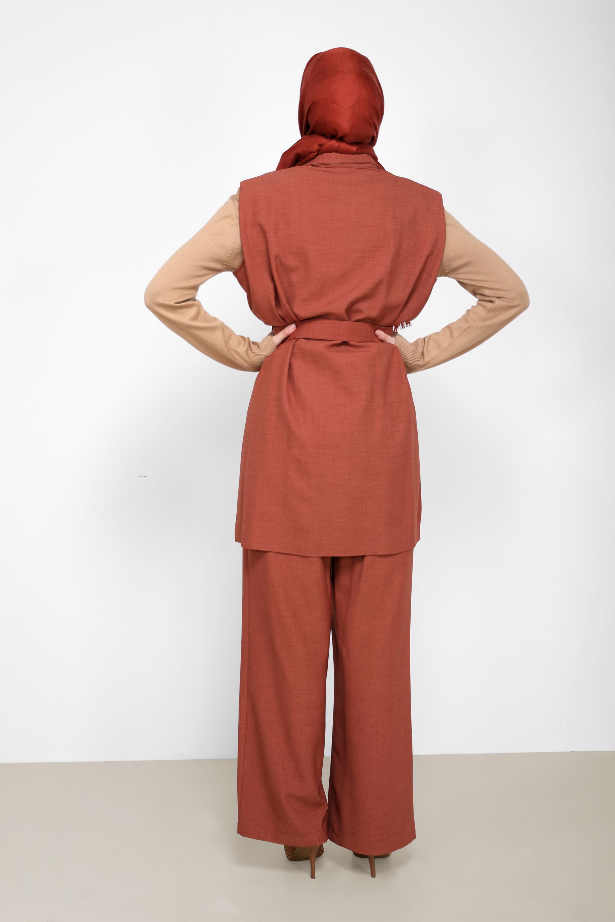 Tesettür giyim KAHVE KEMER DETAYLI İKİLİ PANT. TAKIM 42195 