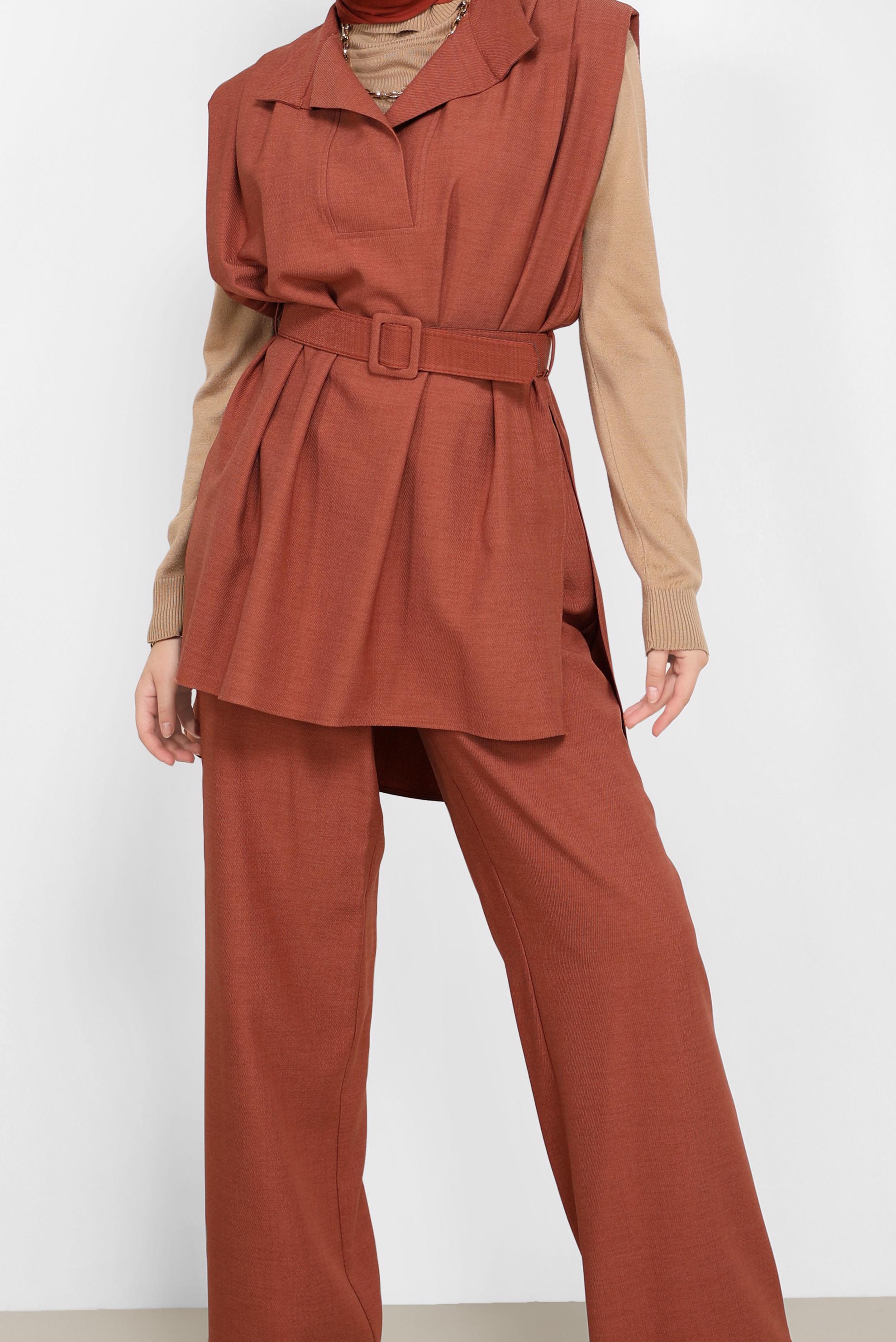 Tesettür giyim KAHVE KEMER DETAYLI İKİLİ PANT. TAKIM 42195 