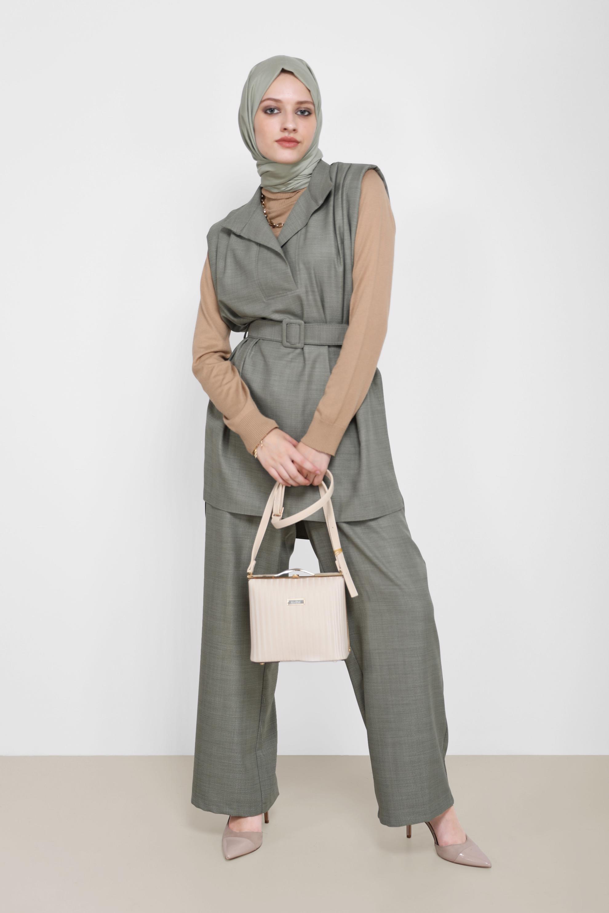 Tesettür giyim YEŞİL KEMER DETAYLI İKİLİ PANT. TAKIM 42195 