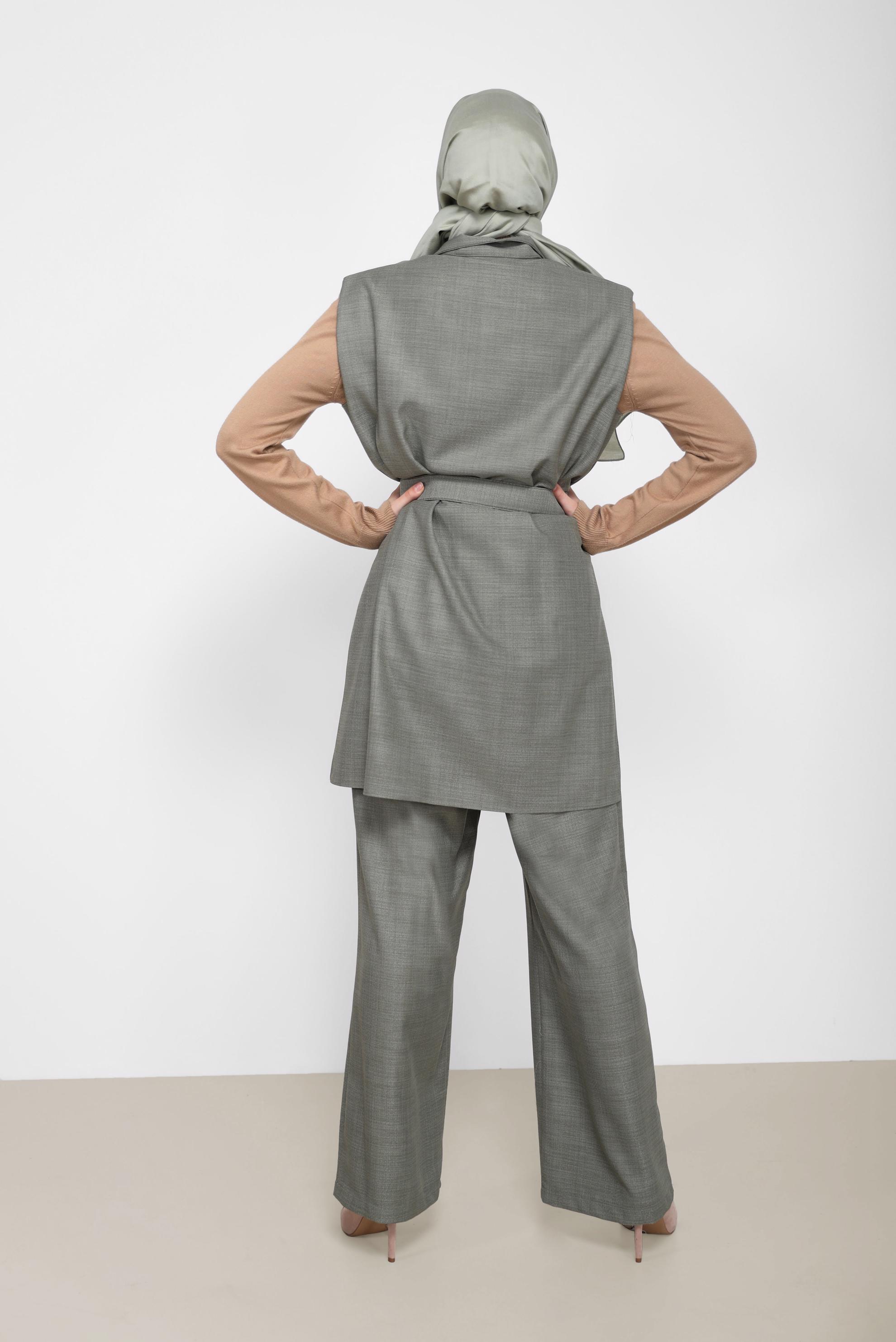 Tesettür giyim YEŞİL KEMER DETAYLI İKİLİ PANT. TAKIM 42195 