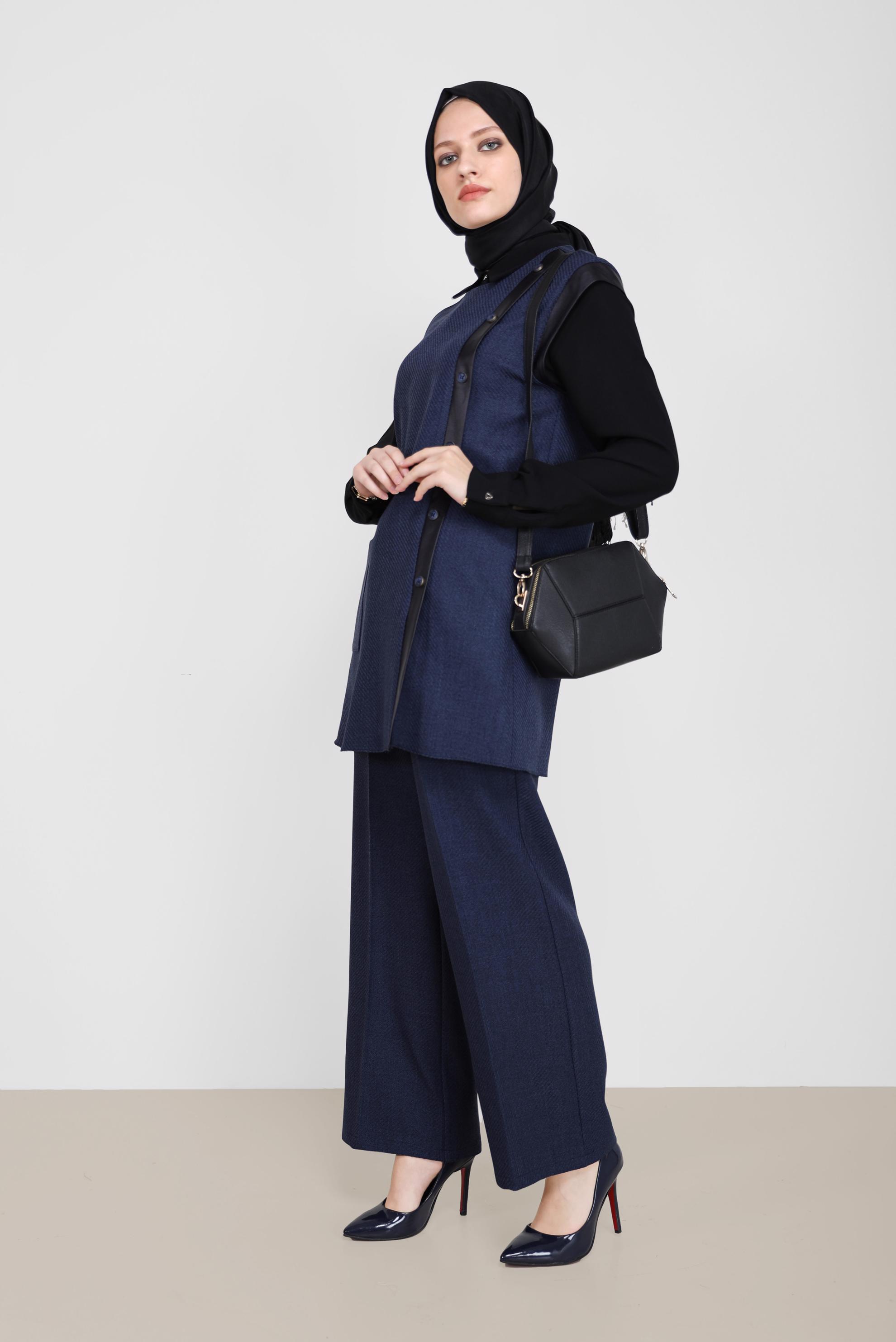 Tesettür giyim LACİVERT DERİ DETAYLI DÜĞMELİ İKİLİ PANT.TAKIM 42198 