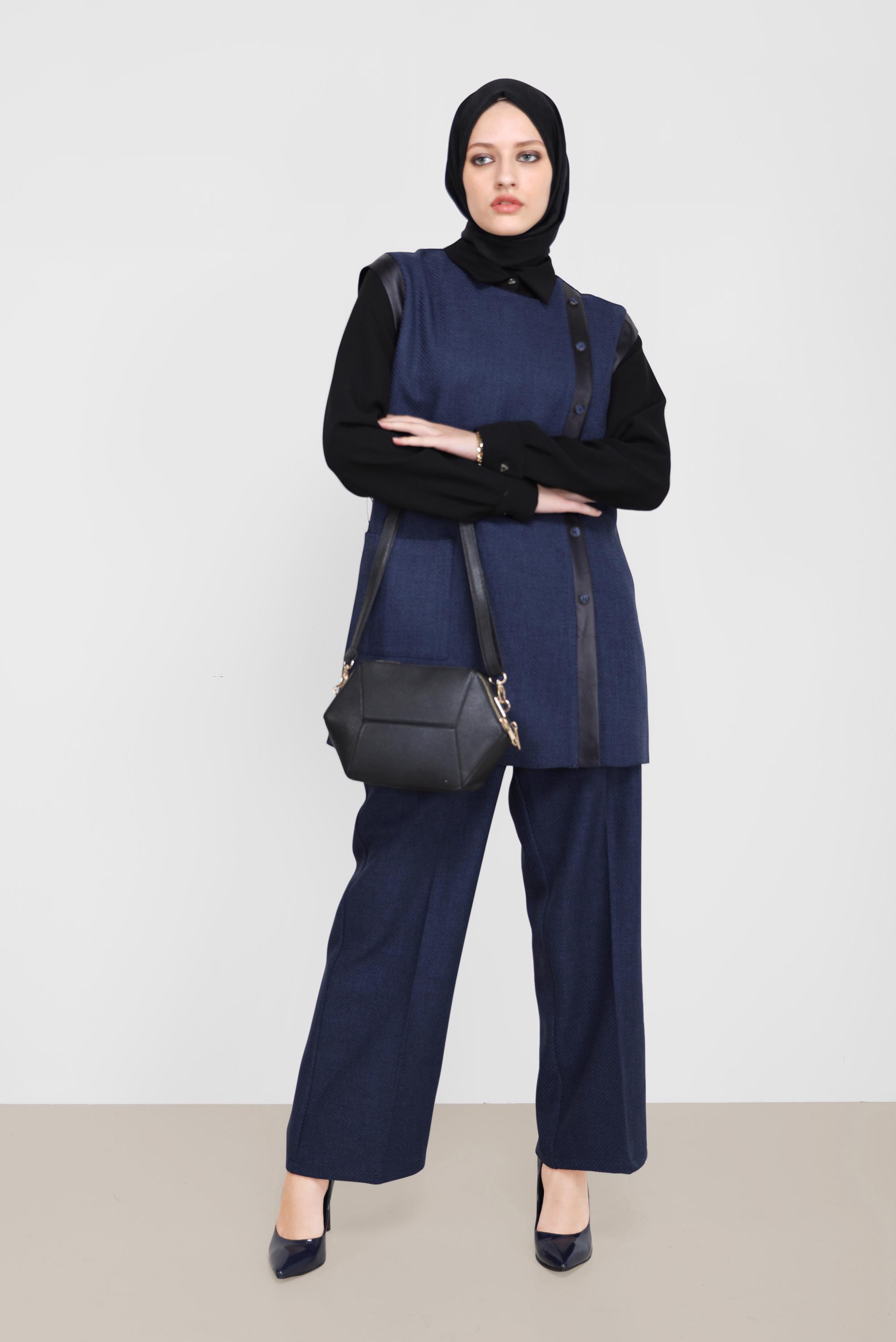 Tesettür giyim LACİVERT DERİ DETAYLI DÜĞMELİ İKİLİ PANT.TAKIM 42198 