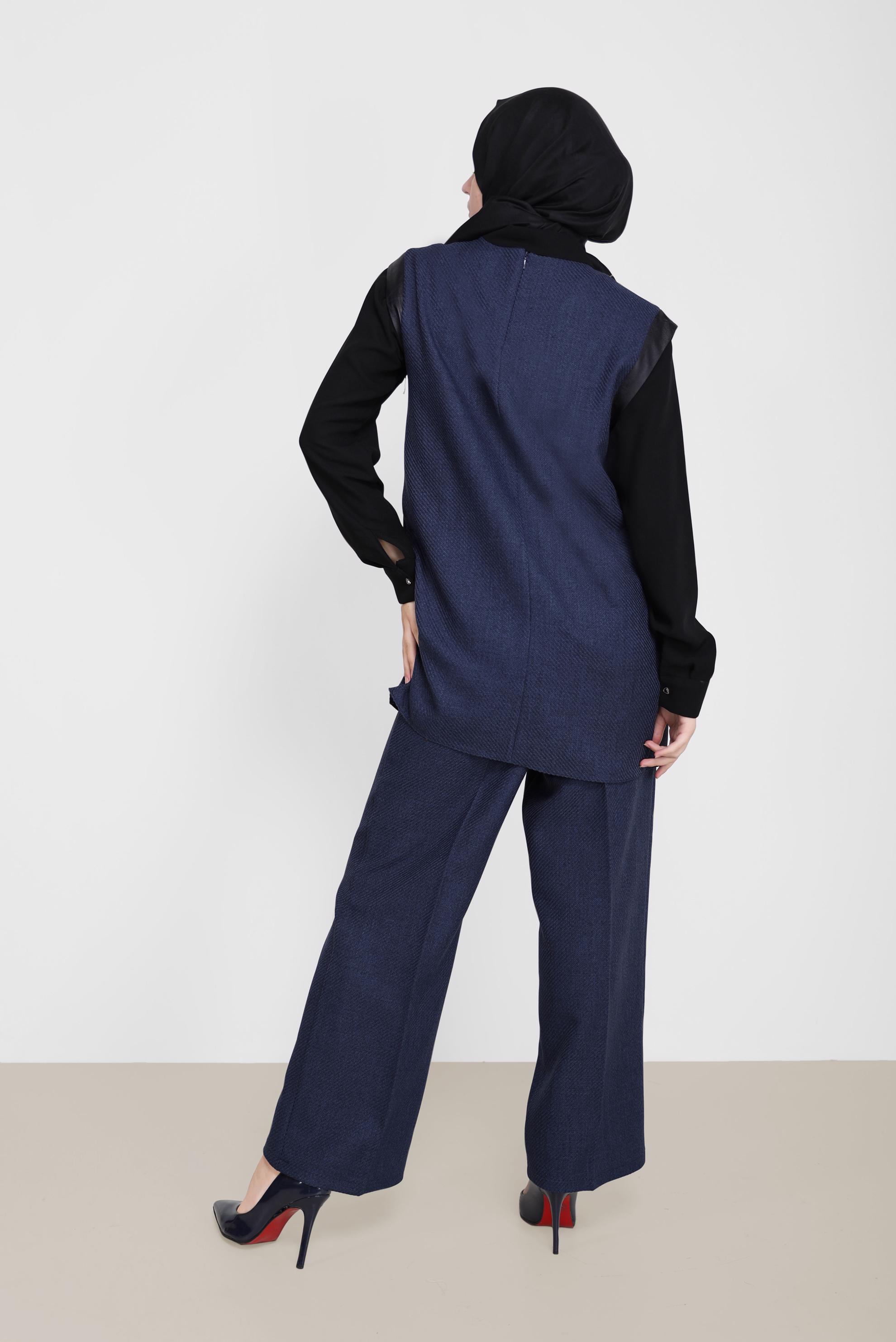 Tesettür giyim LACİVERT DERİ DETAYLI DÜĞMELİ İKİLİ PANT.TAKIM 42198 