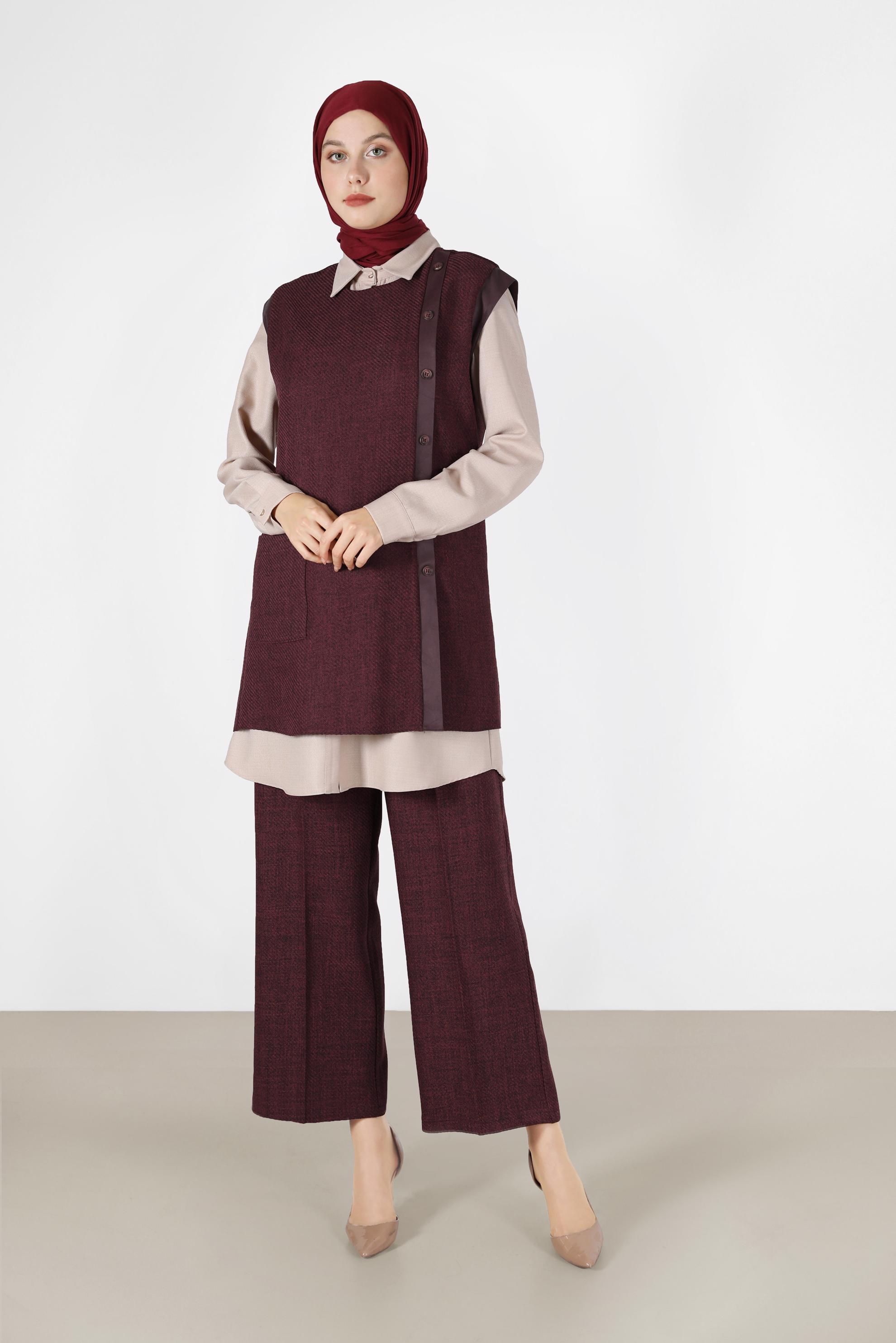 Tesettür giyim BORDO DERİ DETAYLI DÜĞMELİ İKİLİ PANT.TAKIM 42198 