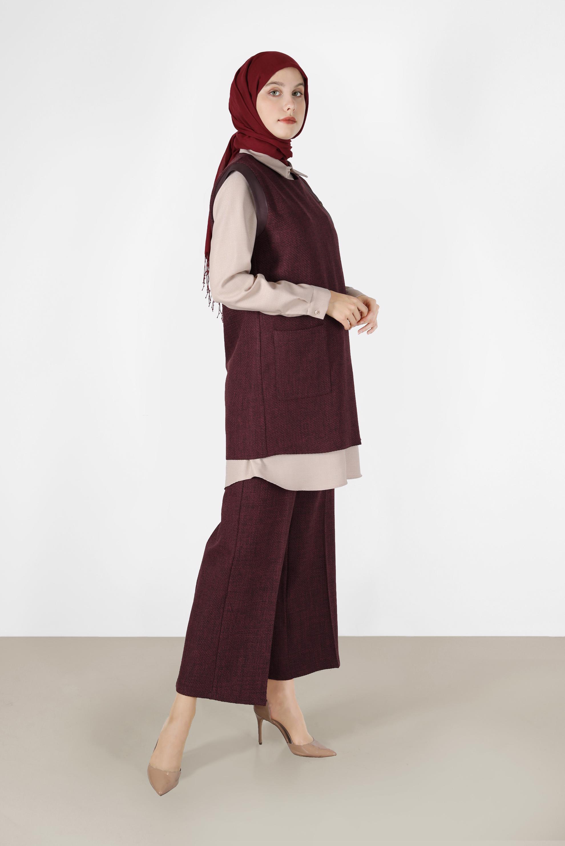 Tesettür giyim BORDO DERİ DETAYLI DÜĞMELİ İKİLİ PANT.TAKIM 42198 
