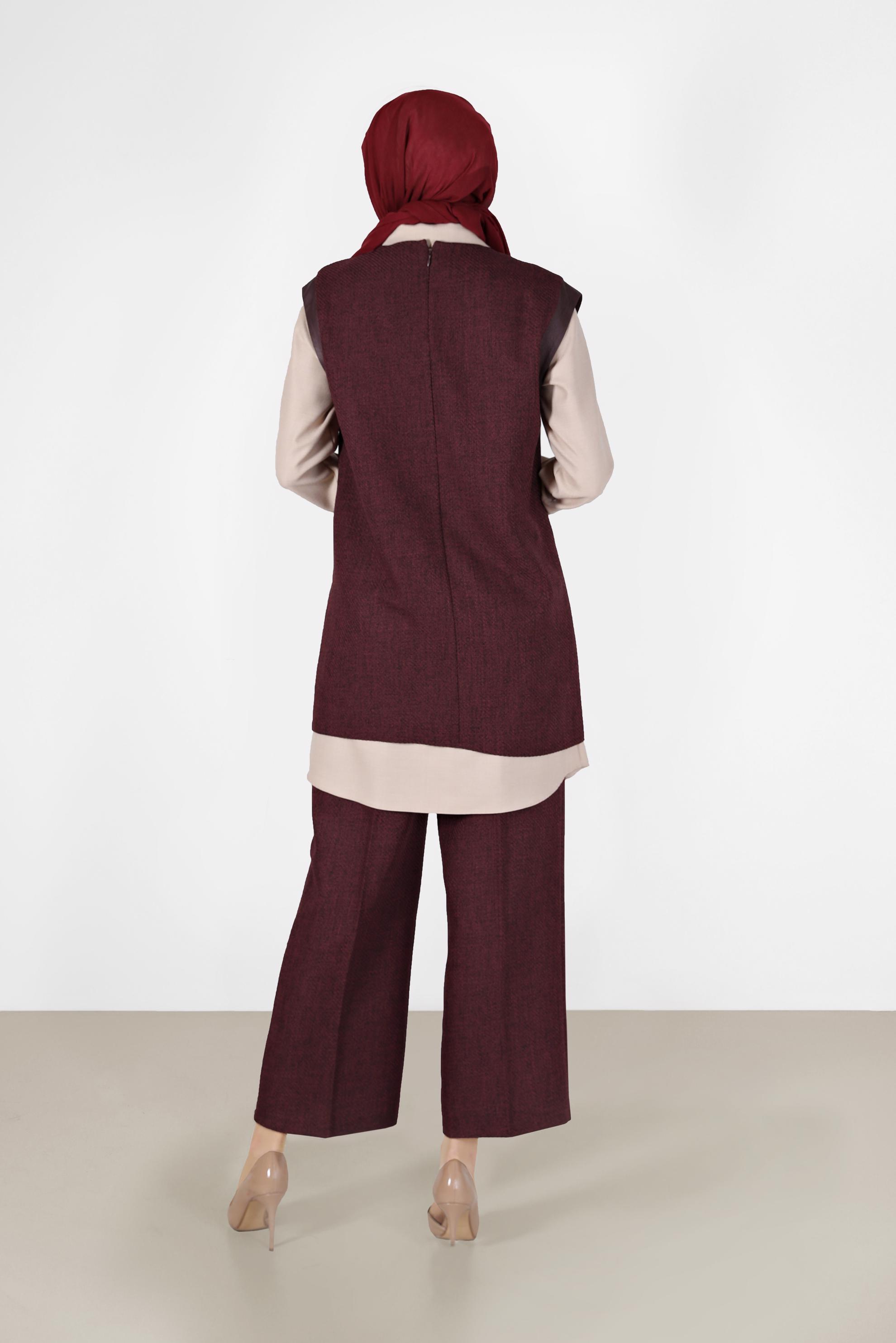 Tesettür giyim BORDO DERİ DETAYLI DÜĞMELİ İKİLİ PANT.TAKIM 42198 