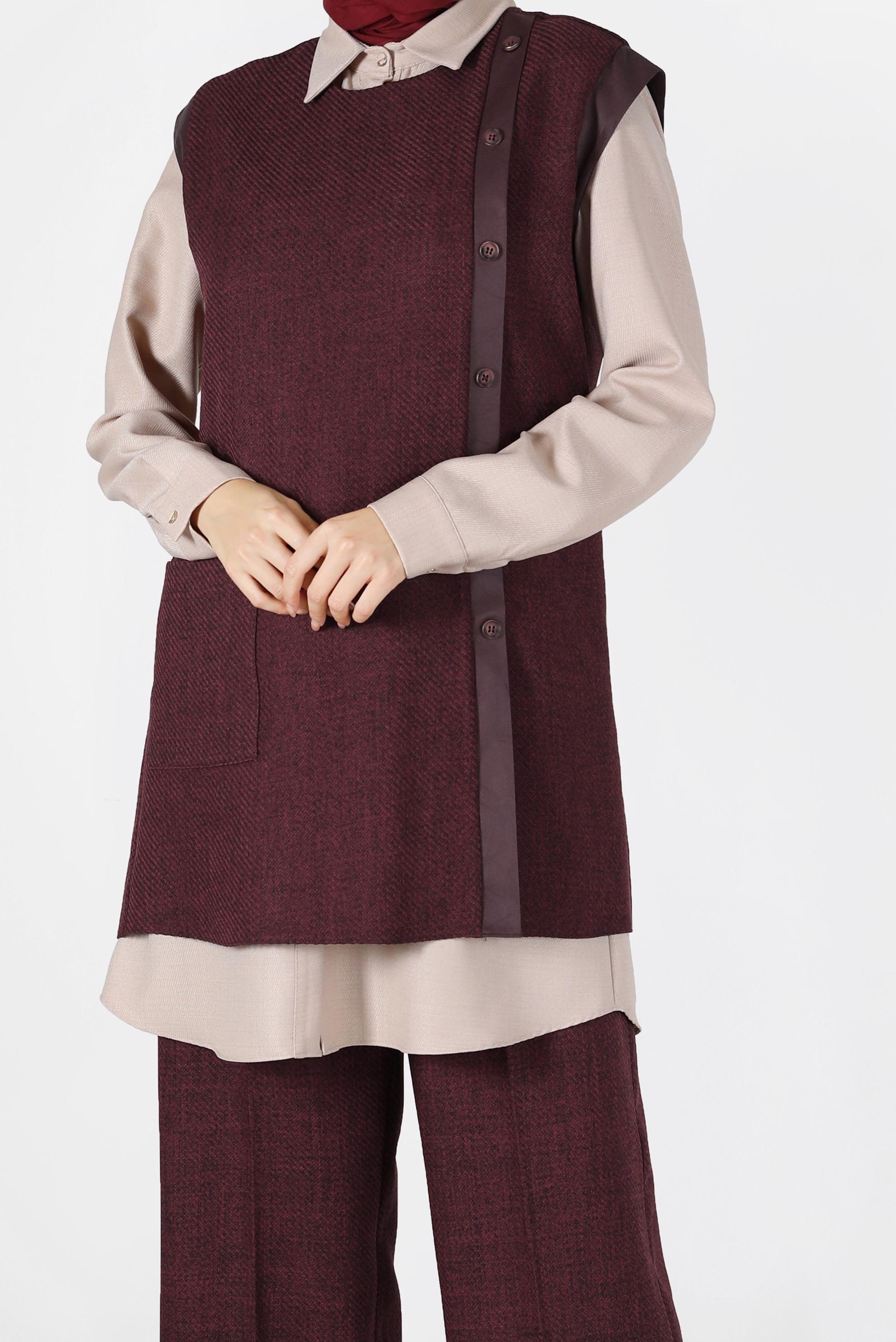 Tesettür giyim BORDO DERİ DETAYLI DÜĞMELİ İKİLİ PANT.TAKIM 42198 