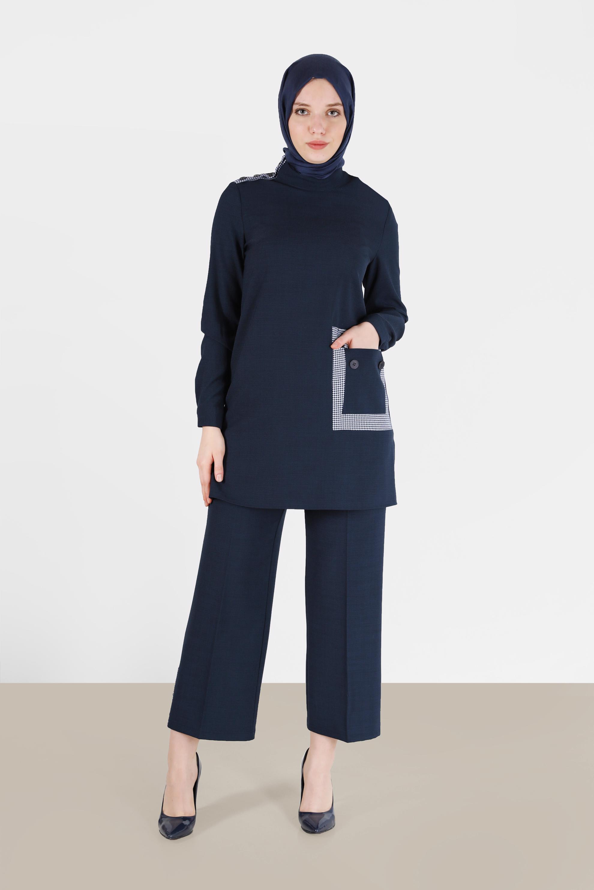 Hijab clothing NAVY BLUE POCKET AND HEM DETAIL 2-PIECE PANTS SUIT 42200 