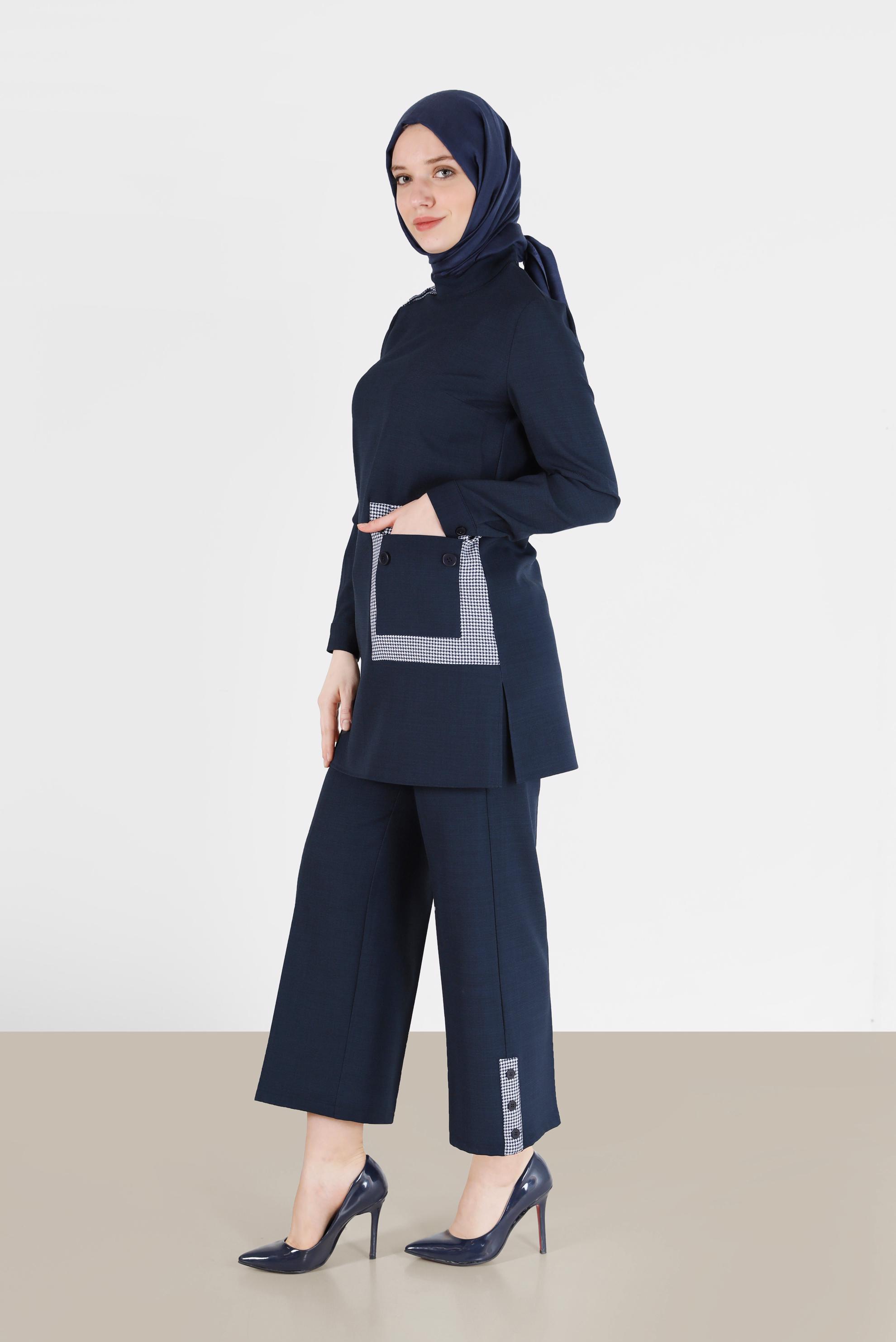 Hijab clothing NAVY BLUE POCKET AND HEM DETAIL 2-PIECE PANTS SUIT 42200 