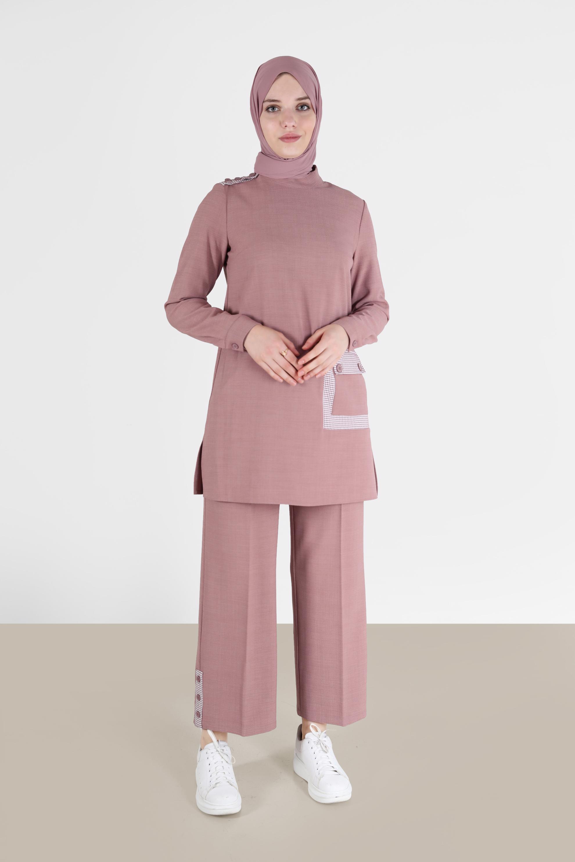 Tesettür giyim PUDRA CEP VE PAÇA DETAYLI İKİLİ PANT.TAKIM 42200 