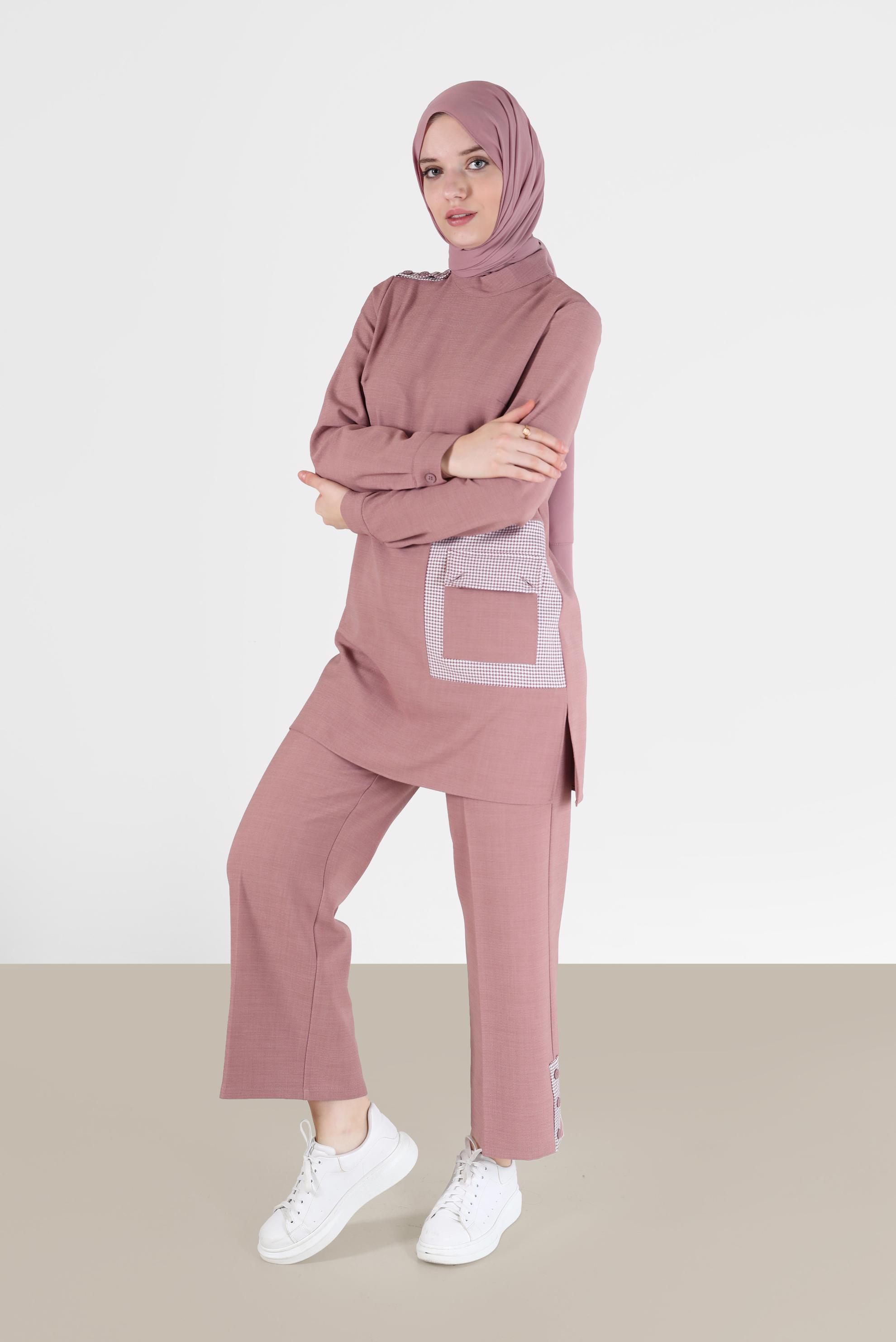 Tesettür giyim PUDRA CEP VE PAÇA DETAYLI İKİLİ PANT.TAKIM 42200 