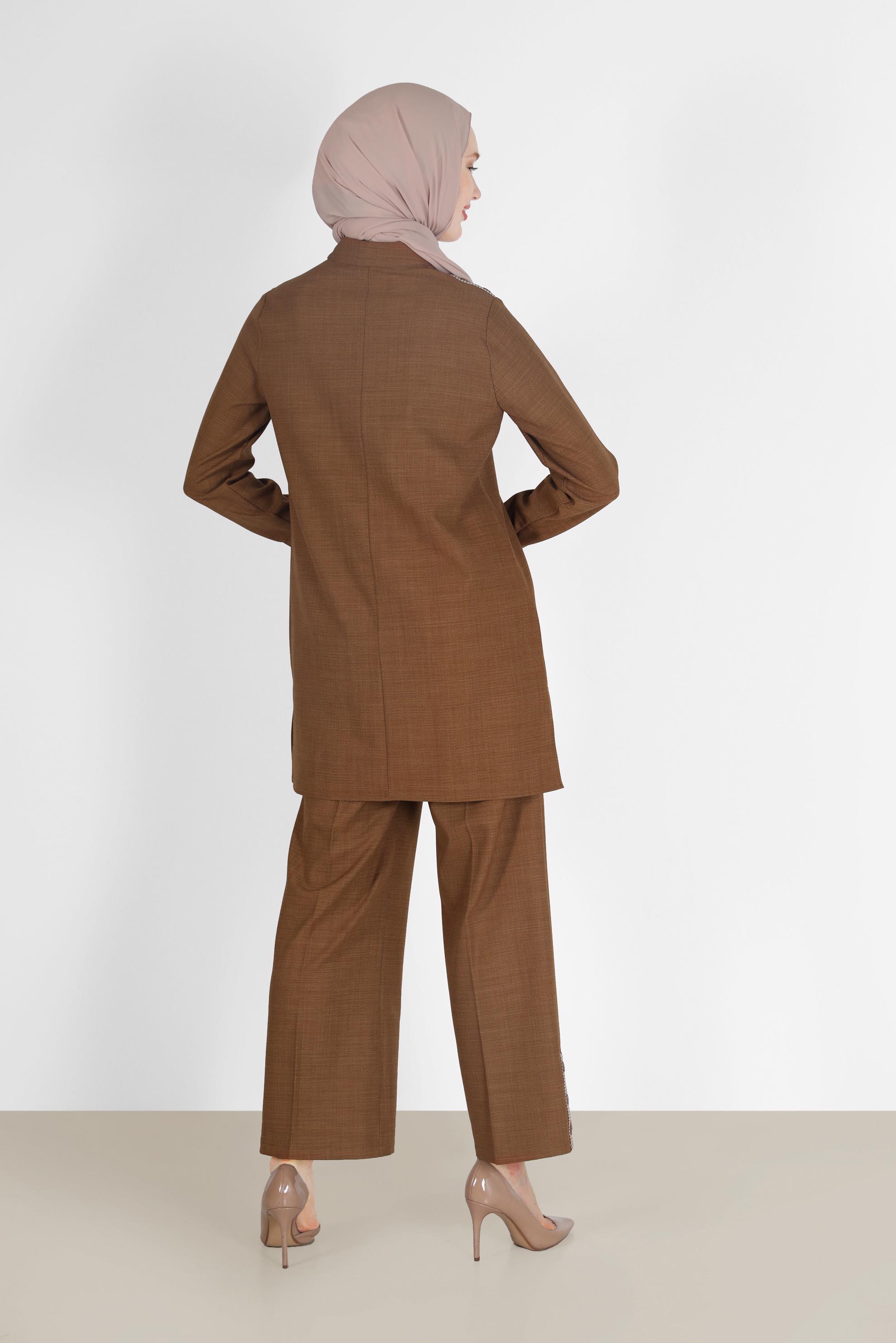 Tesettür giyim KAHVE CEP VE PAÇA DETAYLI İKİLİ PANT.TAKIM 42200 