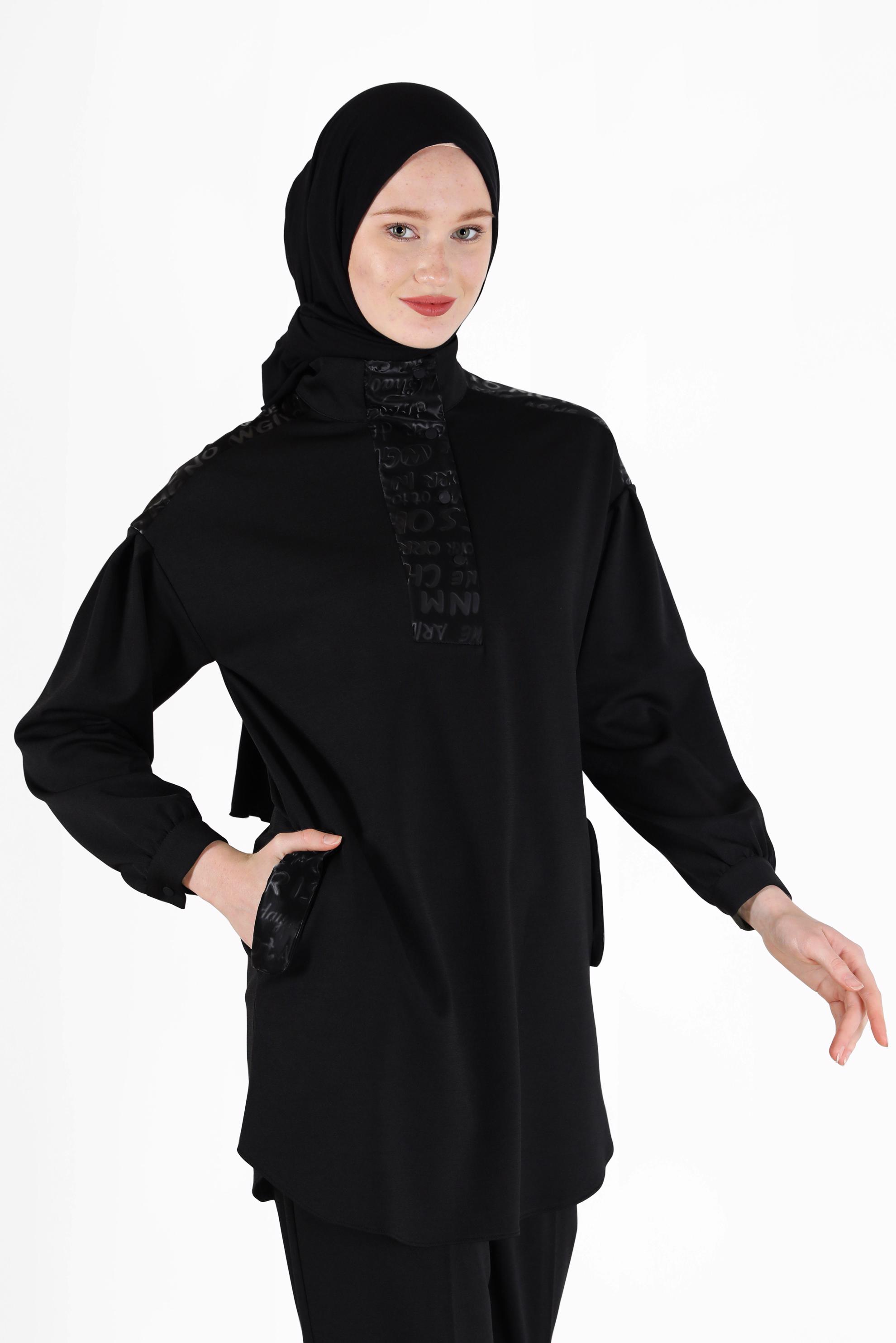 Tesettür giyim SİYAH YAZI BASKILI İKİLİ PANT. TAKIM 42264 