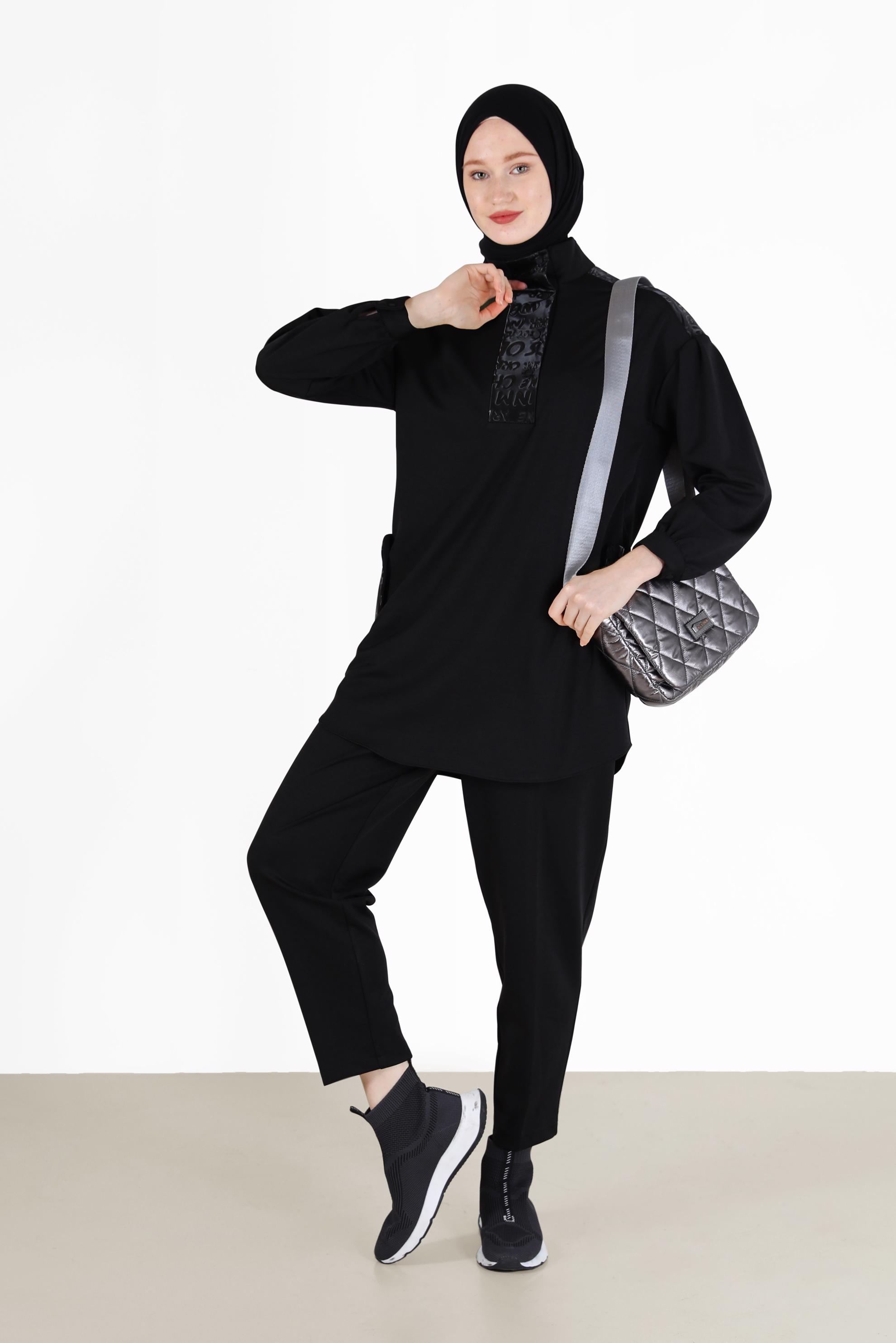 Tesettür giyim SİYAH YAZI BASKILI İKİLİ PANT. TAKIM 42264 