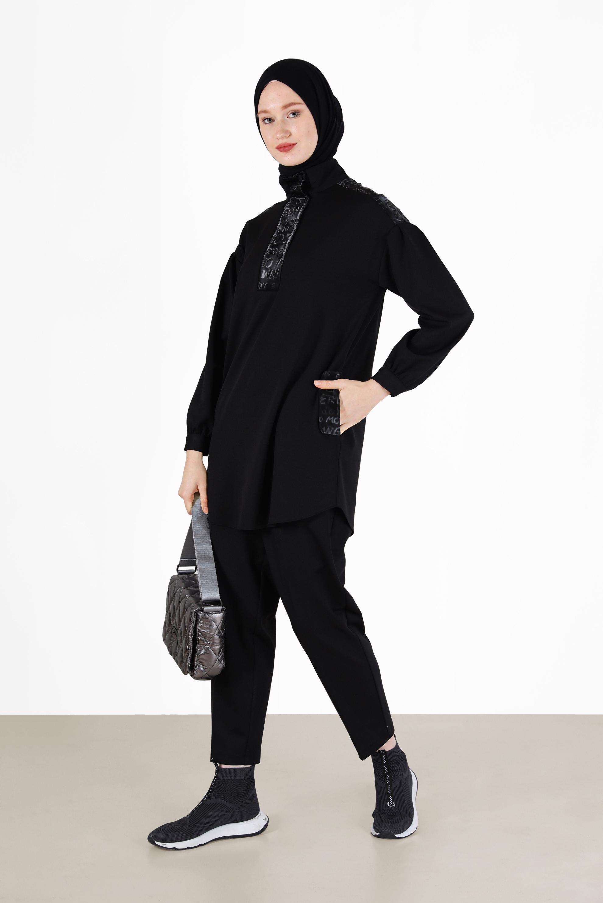 Tesettür giyim SİYAH YAZI BASKILI İKİLİ PANT. TAKIM 42264 