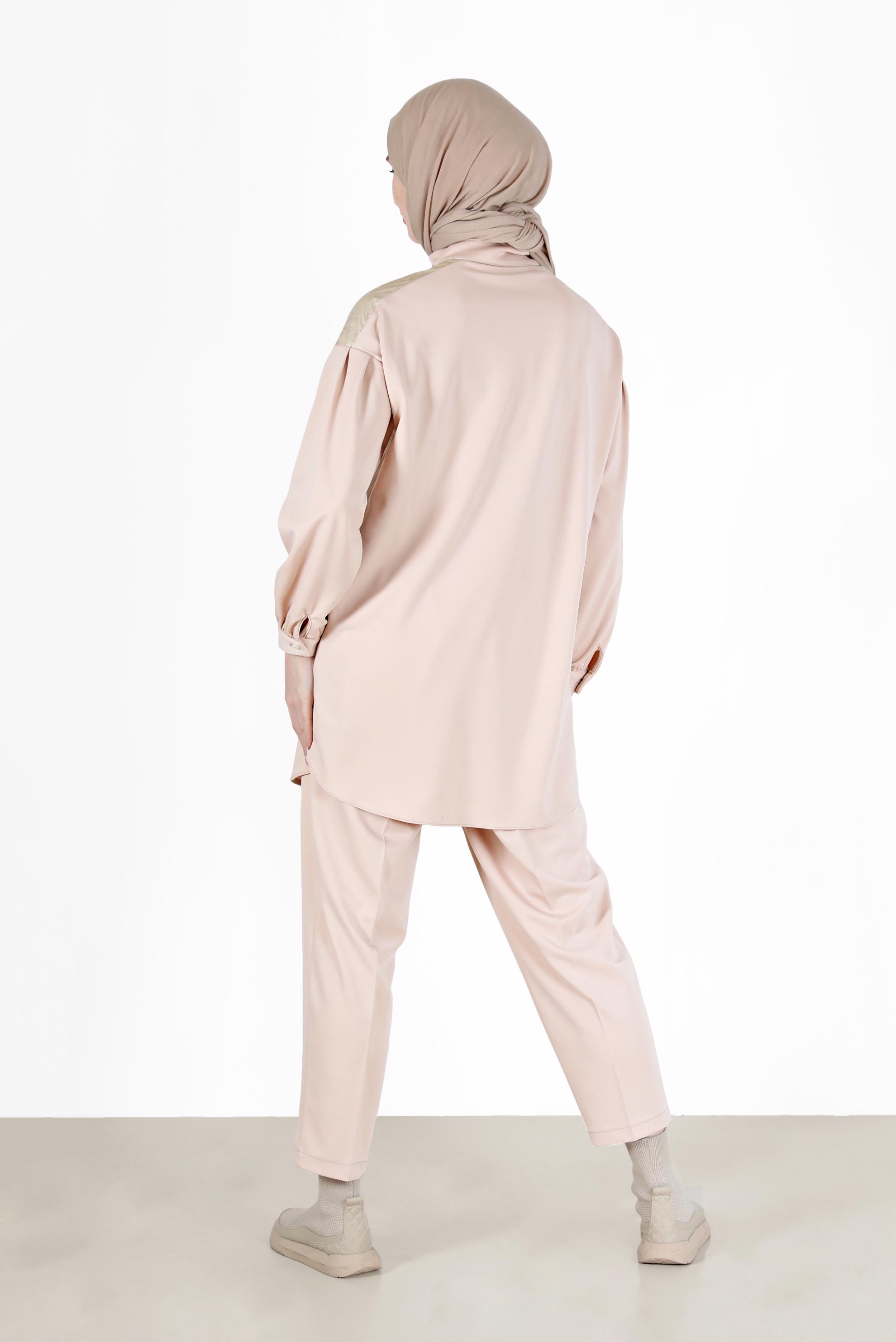 Tesettür giyim BEJ YAZI BASKILI İKİLİ PANT. TAKIM 42264 