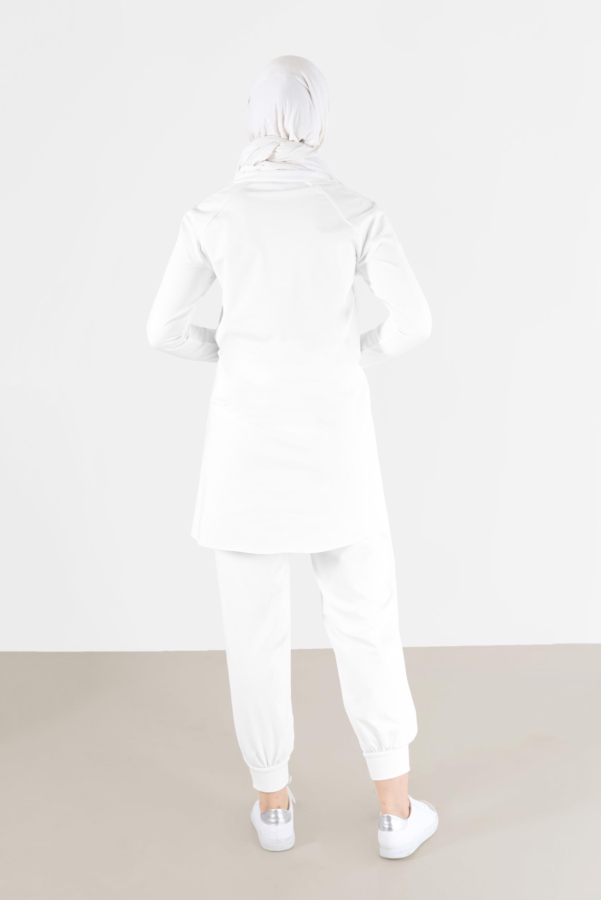 Tesettür giyim BEYAZ YAZI BASKILI DERİ DETAYLI İKİLİ PANT. TAKIM 42265