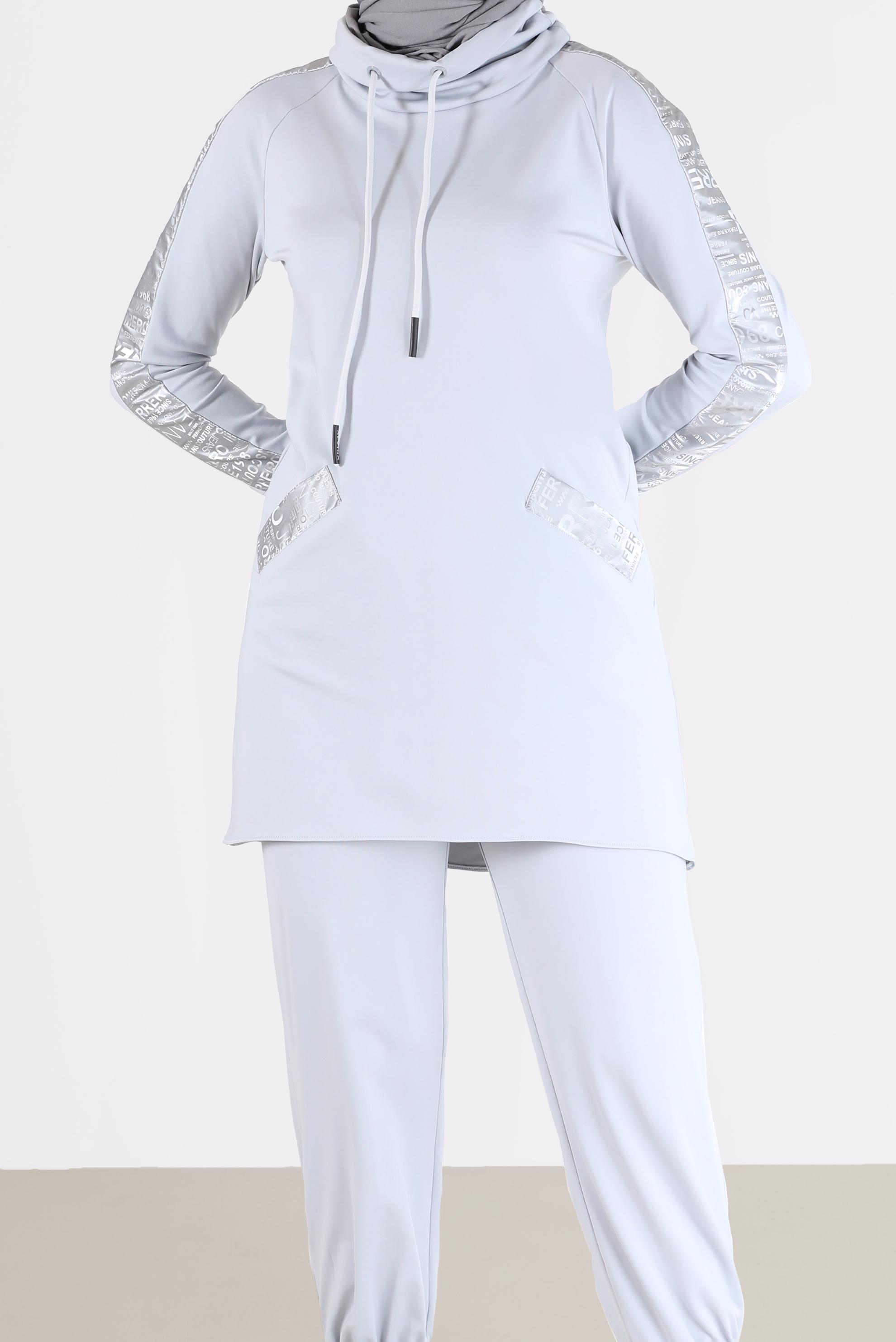 Tesettür giyim GÜMÜŞ YAZI BASKILI DERİ DETAYLI İKİLİ PANT. TAKIM 42265